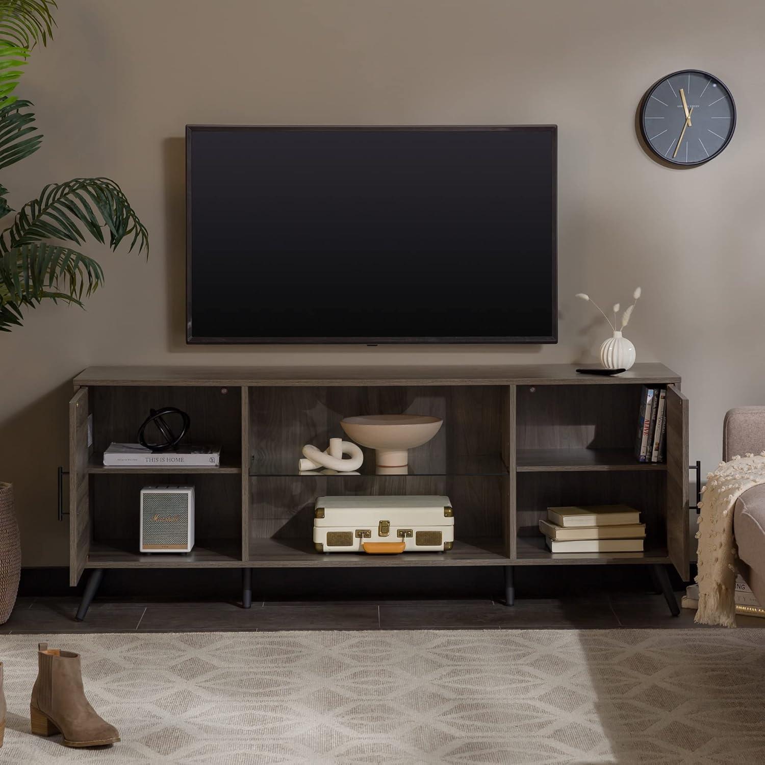 Slate Grey Mid-Century Modern 65" TV Console with Cabinet