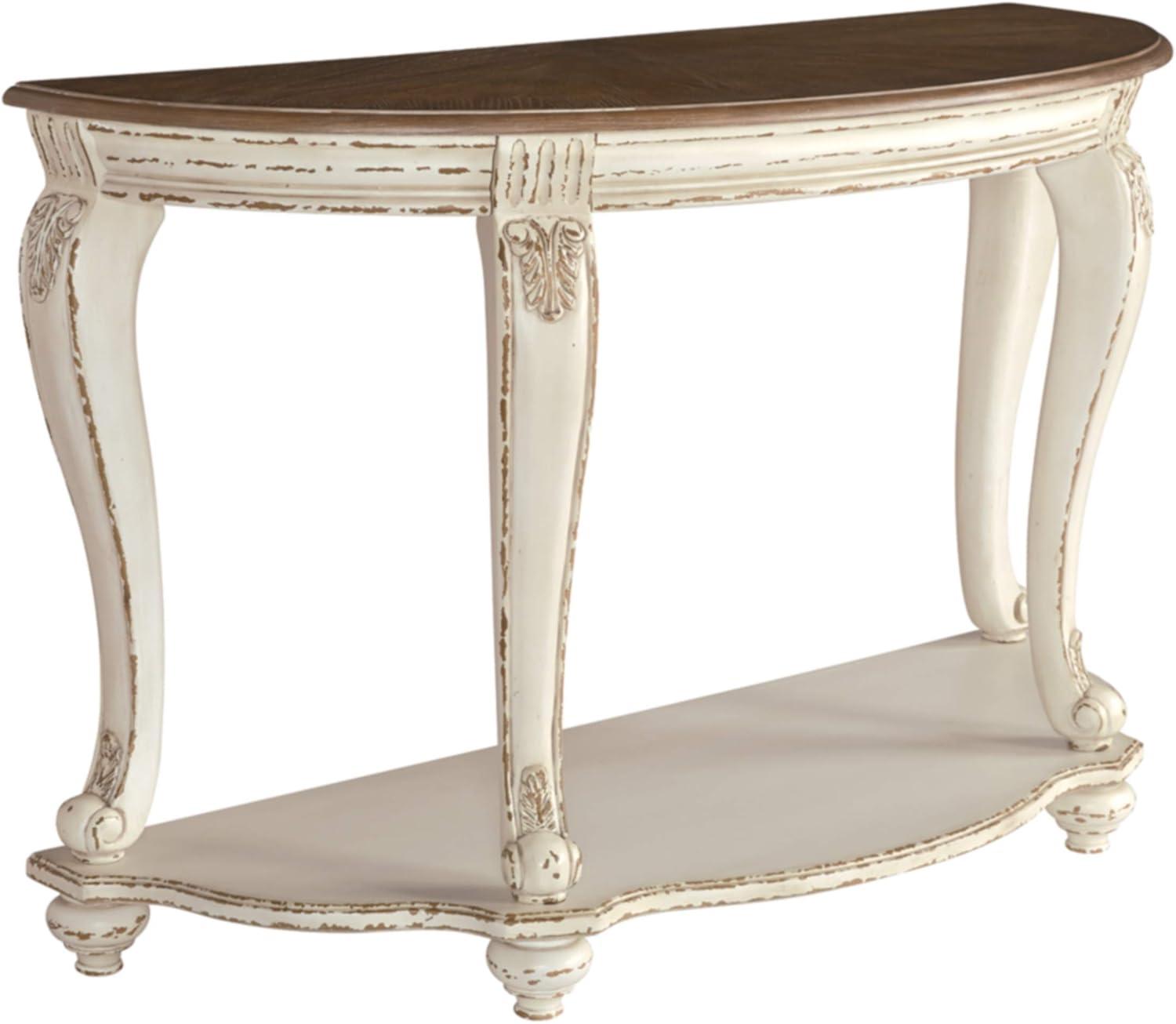 Realyn Demilune Sofa Table with Storage in Distressed White/Brown