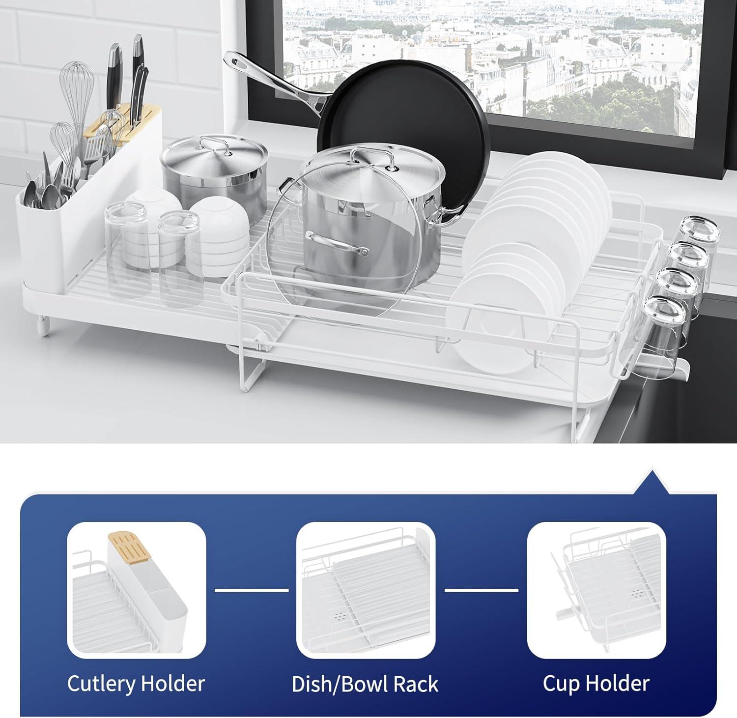 Large Dish Drying Rack - Extendable Dish Rack, Multifunctional Dish Rack for Kitchen Counter, Anti-Rust Drying Dish Rack with Cutlery & Cup Holders 19.2"-26.7" L x 12.9" W, Black