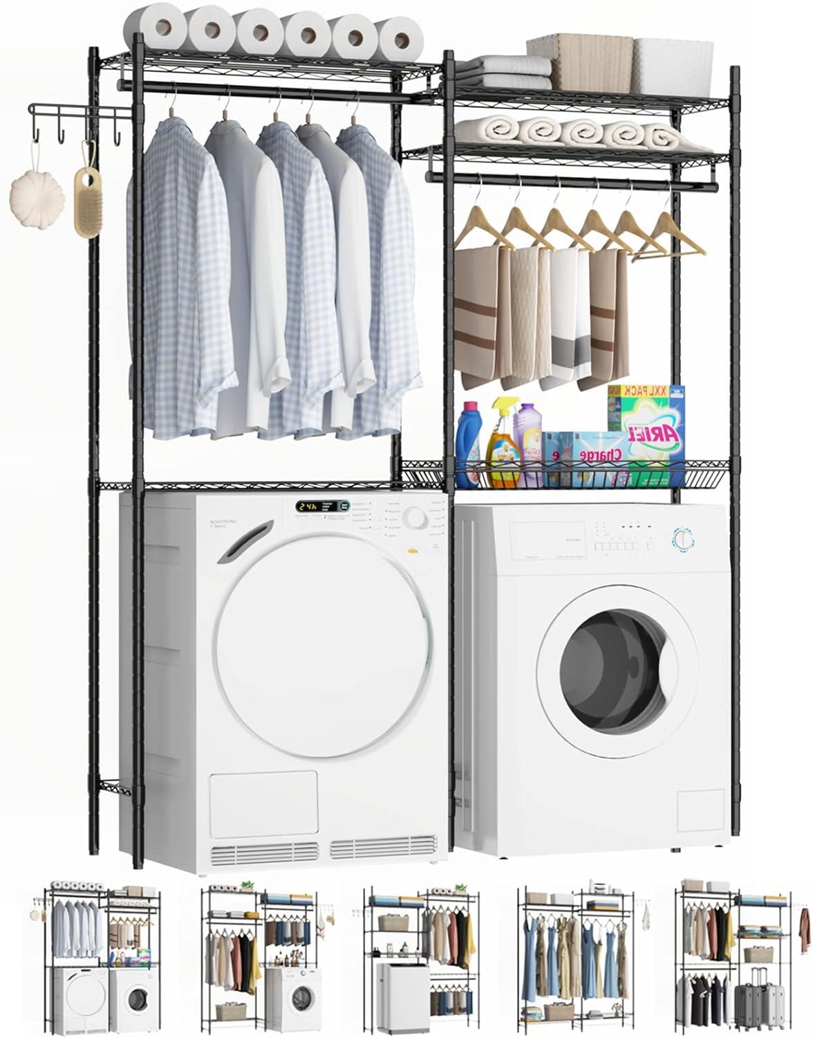 Black Adjustable Over Washer and Dryer Storage Shelf with Hooks