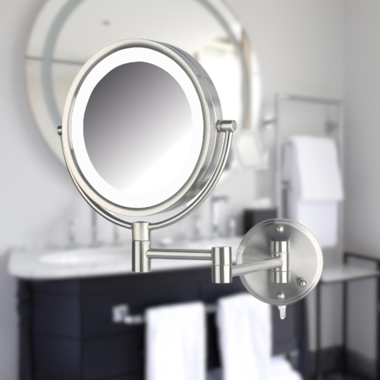 Jerdon Wall-Mounted Makeup Mirror with LED lighting - 8.5" Round Mirror Frame - 8X Magnification - Nickel Finish - Plug in - Model HL88NL