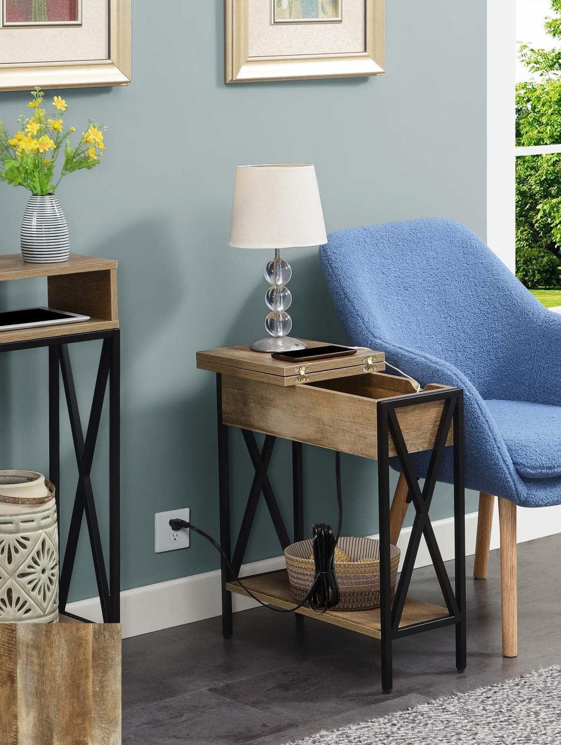 Tucson Weathered Barnwood & Black Flip Top End Table with Charging Station