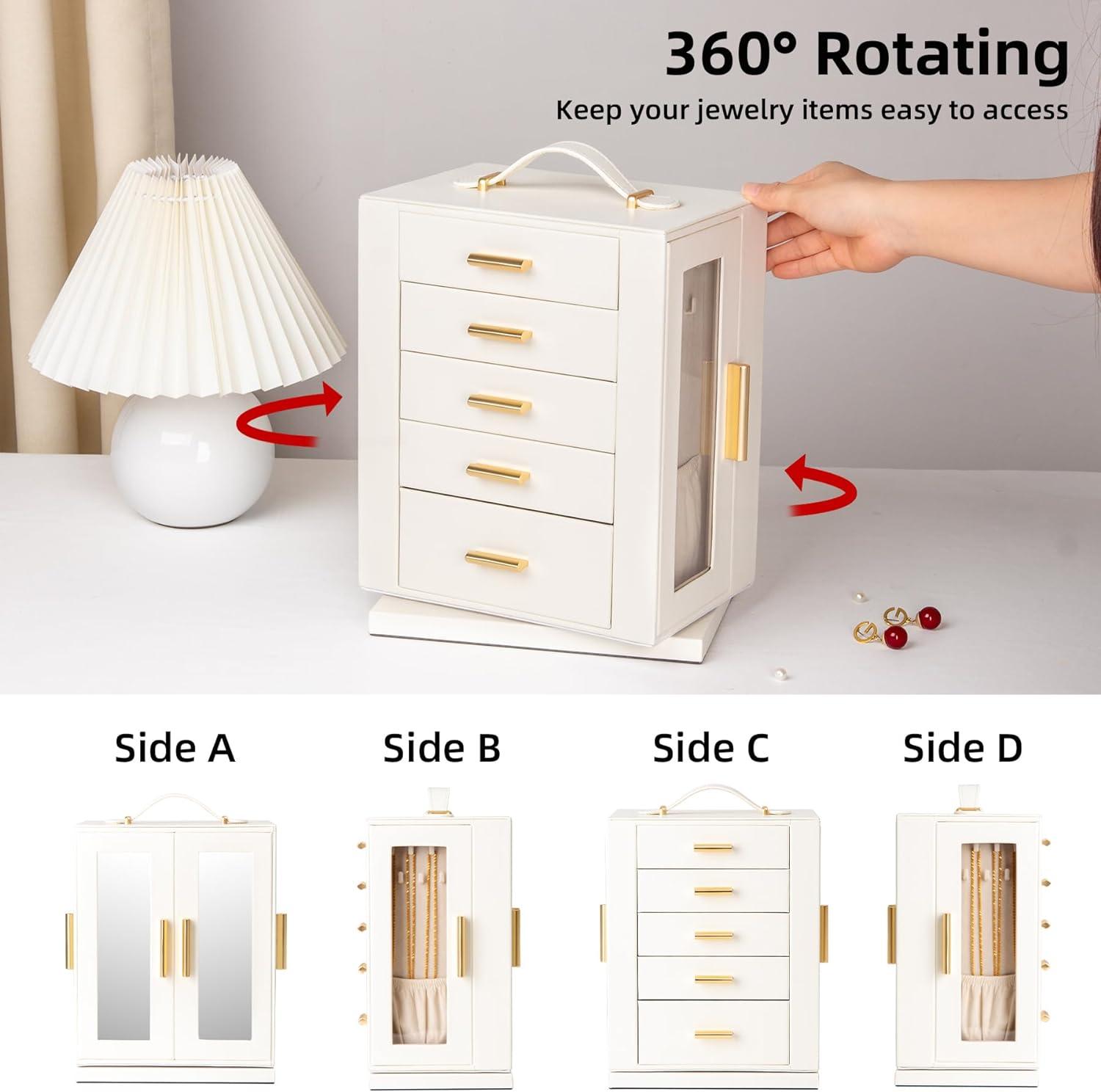 Jewelry Box 360° Rotating, Jewelry Storage Case With 5 Drawers, Jewelry Organizer, Glass Window, Spacious, Vertical Jewelry Storage, Open Design, Great Gift