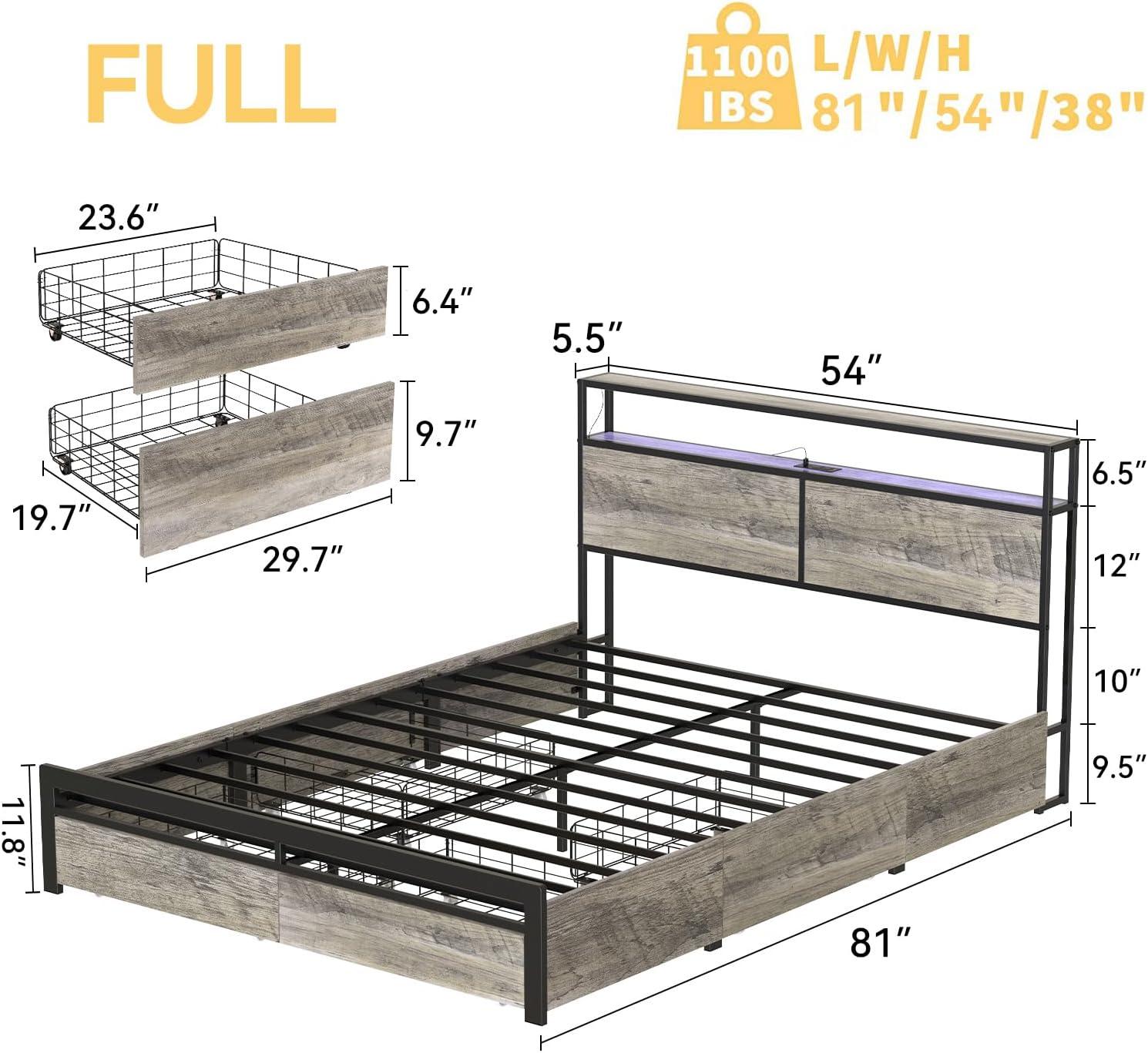 Full Size Gray Metal Bed Frame with LED Headboard and Storage Drawers