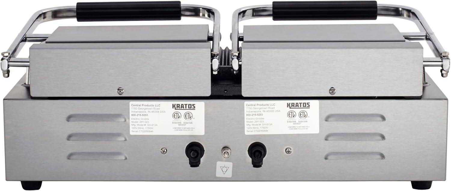 Kratos Commercial Electric Panini Sandwich Grill with Grooved Plates, 9" x 9" Cooking Surface, Commercial Countertop Panini Press, 120V, 1750W (29Y-017)