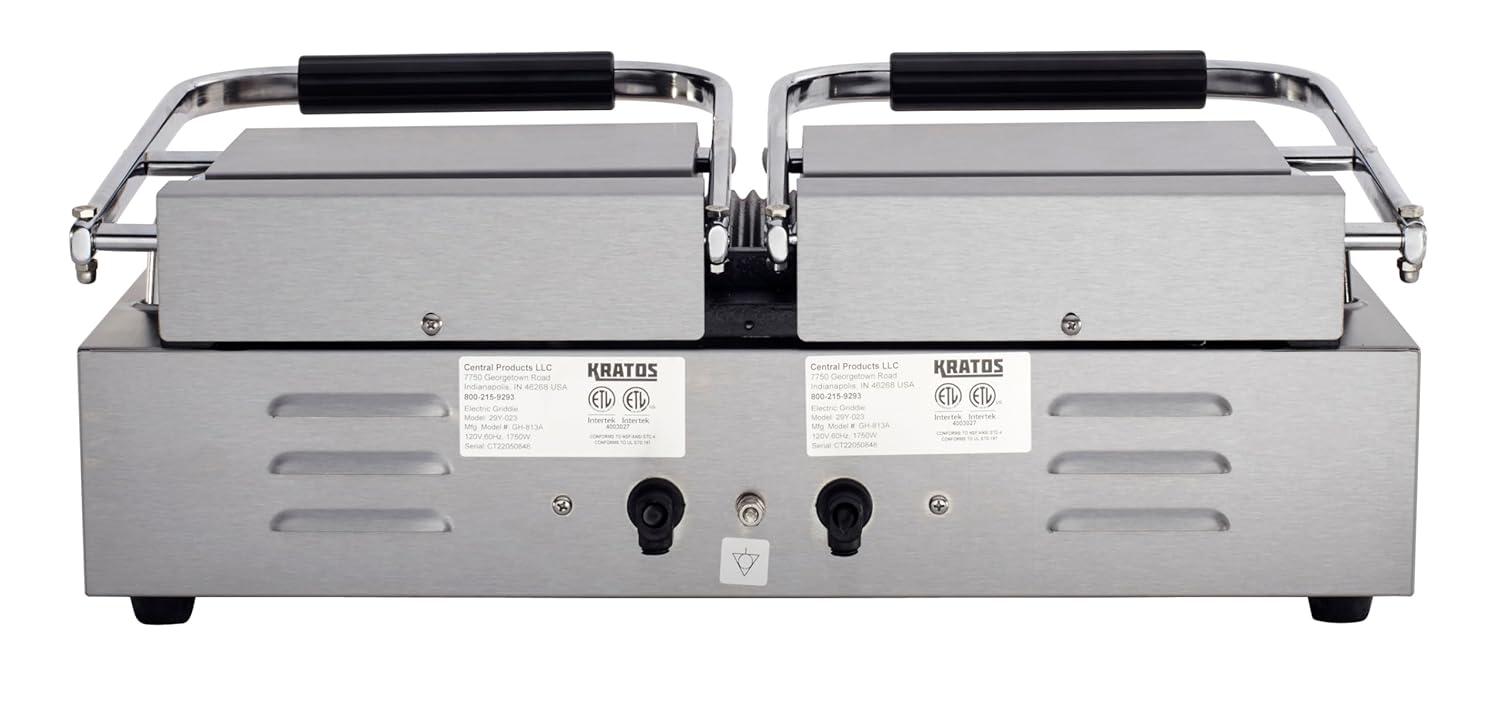 Kratos Commercial Electric Panini Sandwich Grill with Grooved Plates, 9" x 9" Cooking Surface, Commercial Countertop Panini Press, 120V, 1750W (29Y-017)