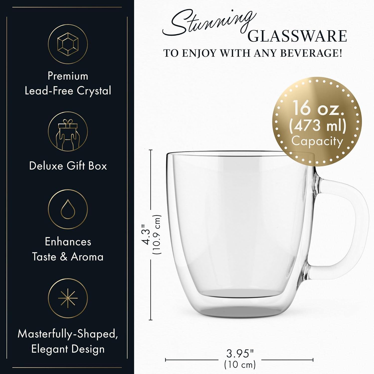 ELIXIR GLASSWARE Large Double Wall Coffee Mugs 16 oz - Double Wall Glass Set of 2 - Insulated Coffee Mugs with Handle (16 oz) 16 Ounce (Pack of 2)