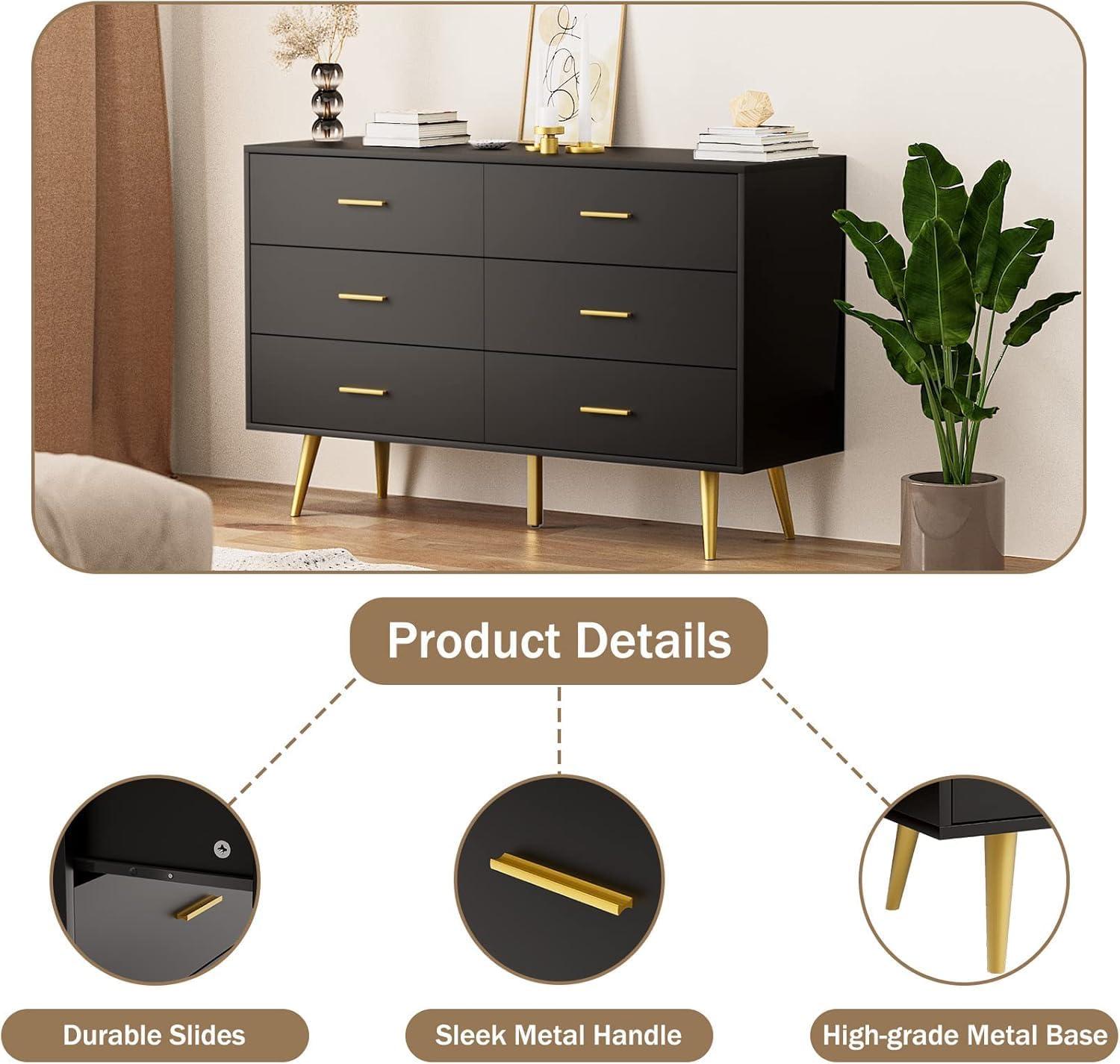 Black Modern 6-Drawer Dresser with Gold Handles