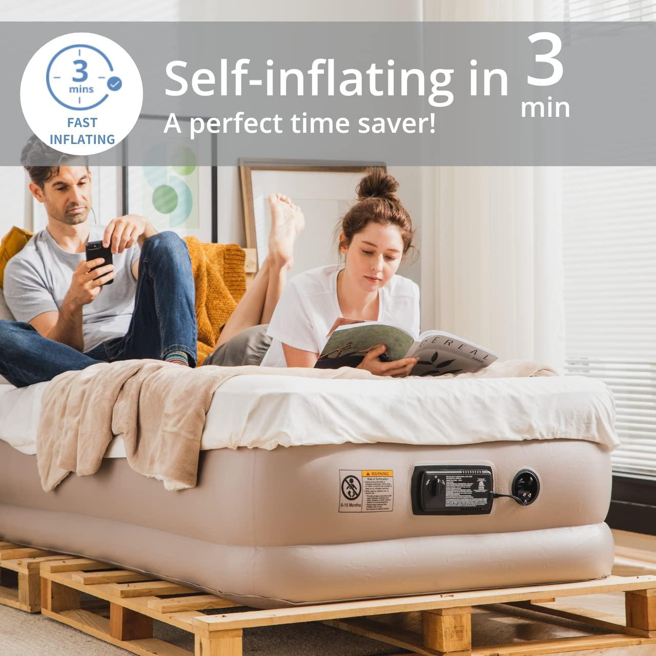 Simpli Comfy 18" Raised Twin Inflatable Air Mattress with Built-in AC Pump, Fast Self-Inflating Blow Up Air Bed with Waterproof Top for Home, Travel, Camping 75” x 40” x 18"…