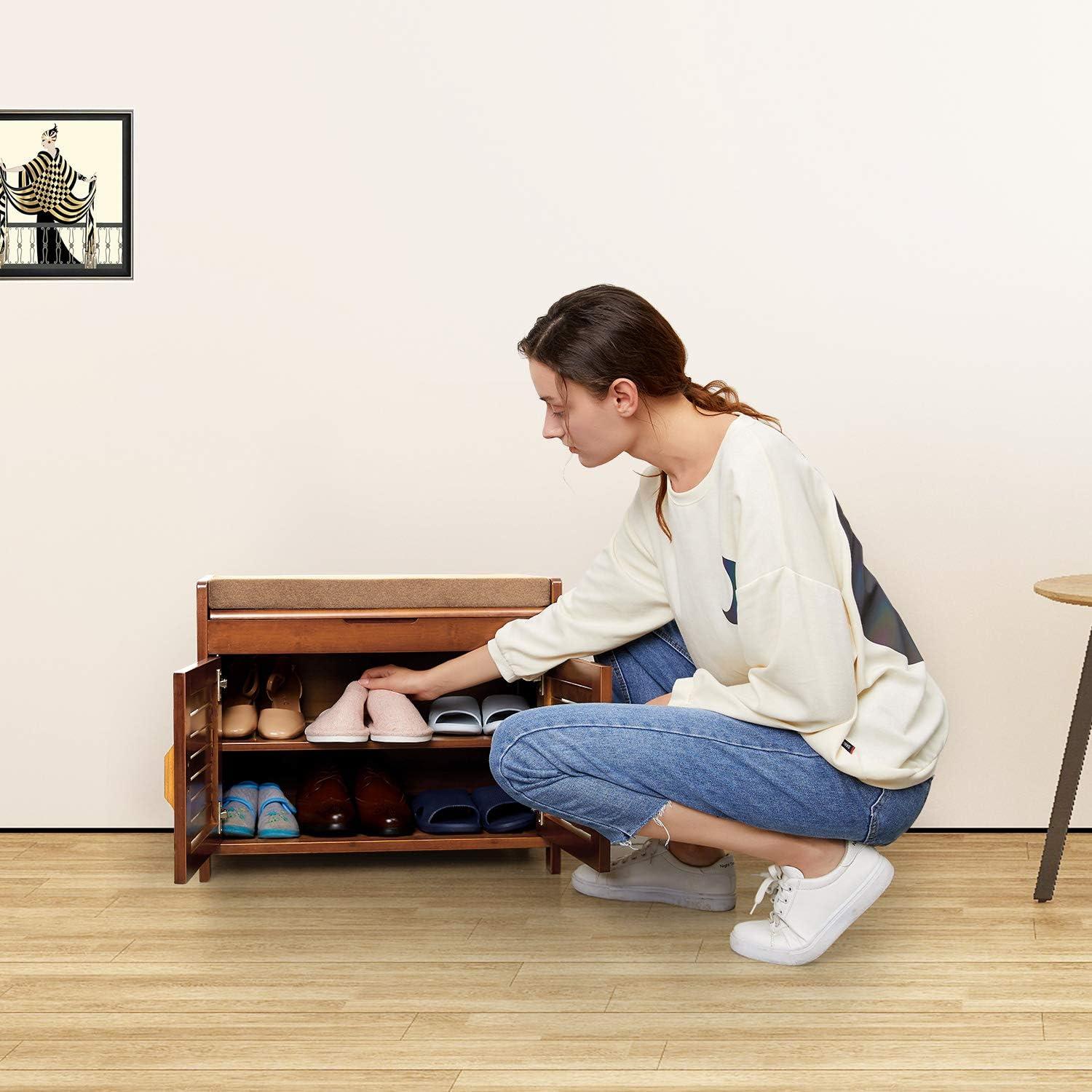 Natural Bamboo Shoe Storage Bench with Hidden Compartment