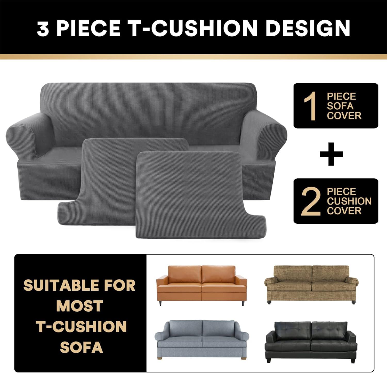 PrinceDeco T Cushion Loveseat Slipcover 3 Pieces Sofa Covers for T Cushion Sofa Stretch Sofa Covers for 2 Cushion Couch with 2 Individual T Shape Seat Covers Width Up to 72"- Washable, Grey