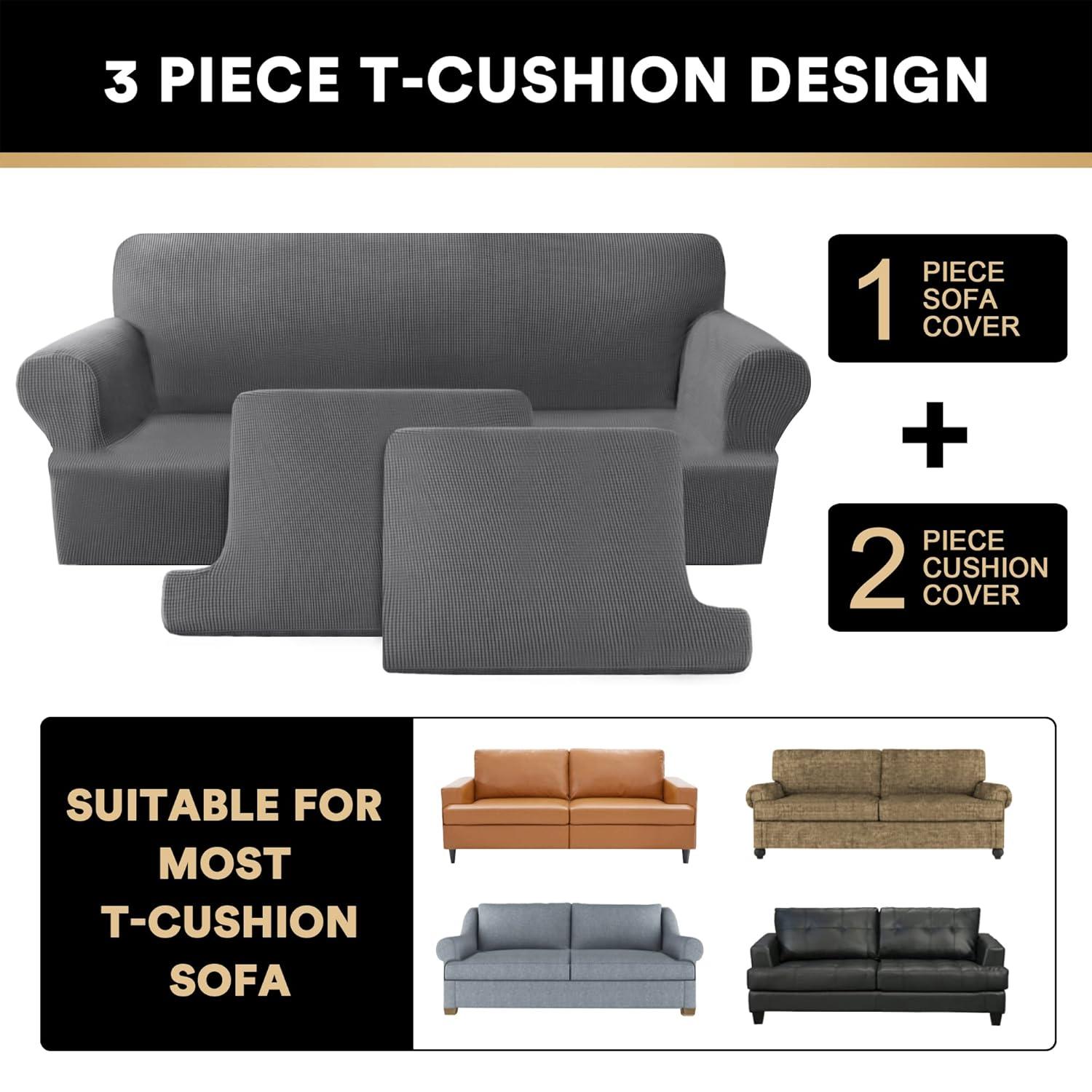 PrinceDeco T Cushion Loveseat Slipcover 3 Pieces Sofa Covers for T Cushion Sofa Stretch Sofa Covers for 2 Cushion Couch with 2 Individual T Shape Seat Covers Width Up to 72"- Washable, Grey