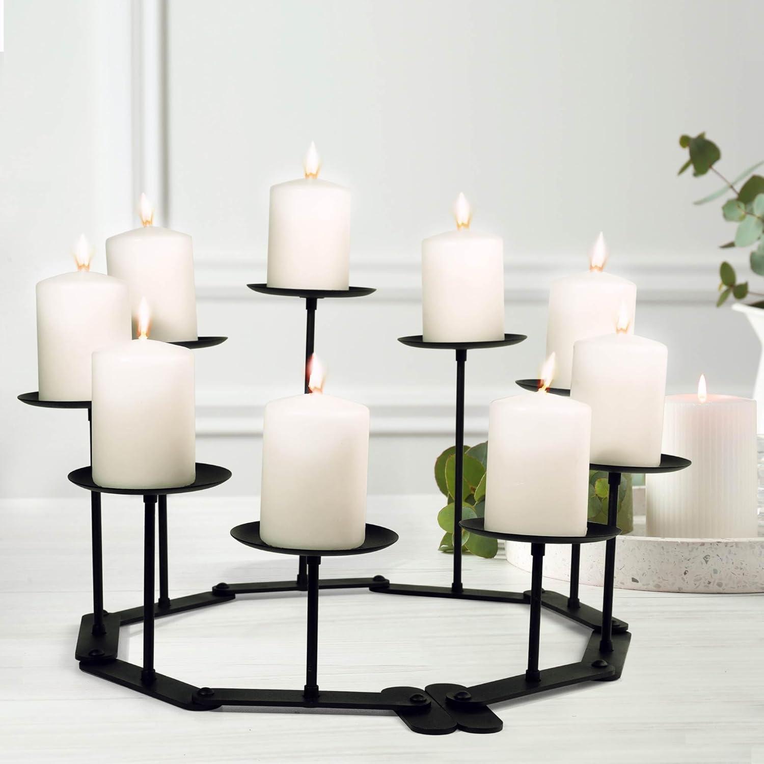 Candelabra 9 Candle Holder for Fireplace Decor Black Iron Pillar Candle Stand Table Centerpiece