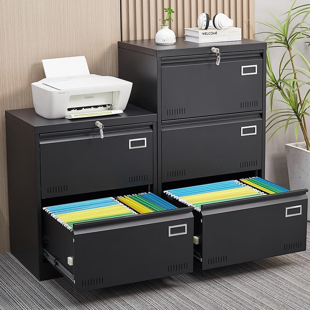 Black Metal Lockable 2-Drawer Lateral Filing Cabinet