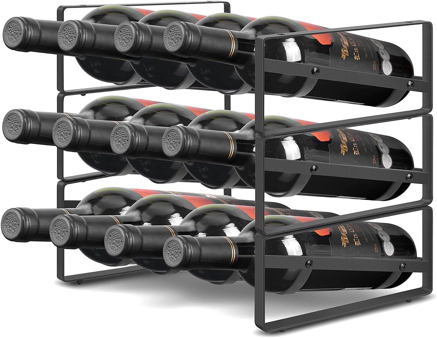 Black Metal 3-Tier Stackable Wine Rack for 12 Bottles