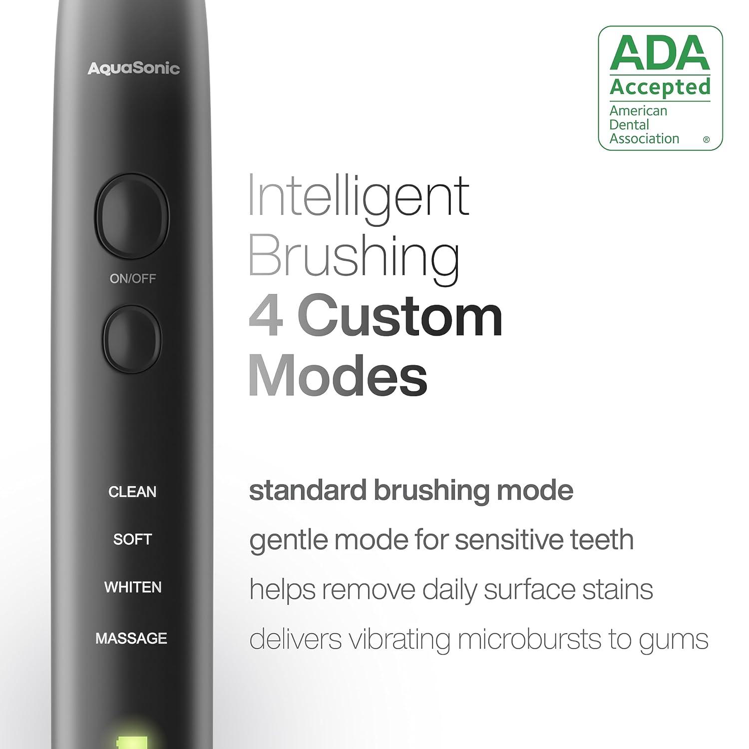 AquaSonic Black Series Electric Toothbrush - Rechargeable, 4 Modes, Travel Case, 8 Brush Heads