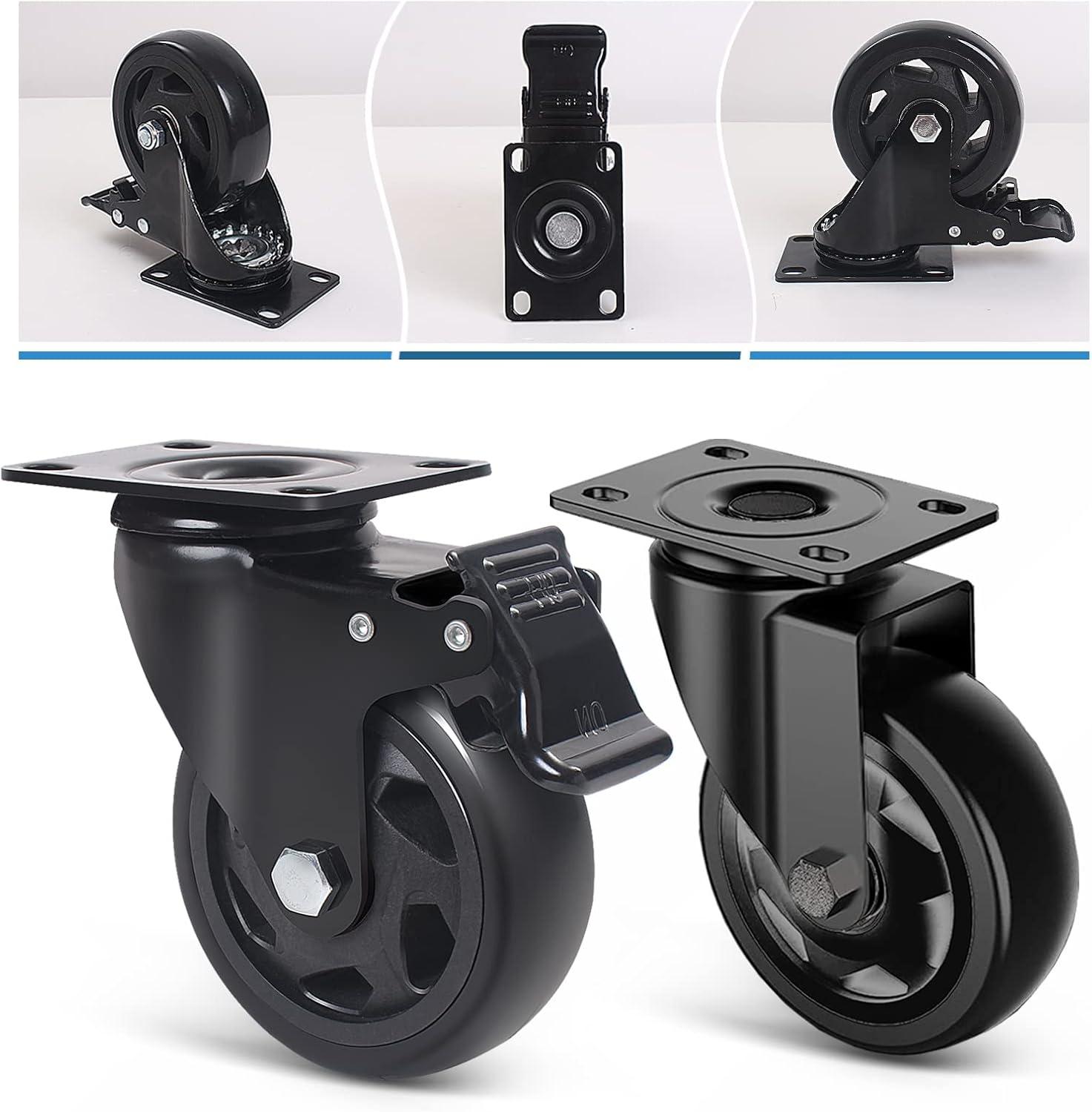 4-Inch Black Polyurethane Heavy Duty Caster Wheels Set