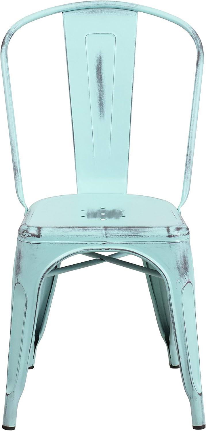 Distressed Green-Blue Metal Stackable Side Chair