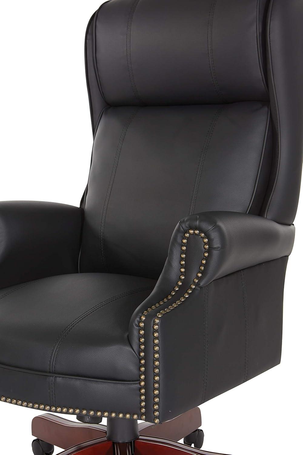Executive High Back Chair with Black Vinyl and Brass Finish Nail Trim Upholstery