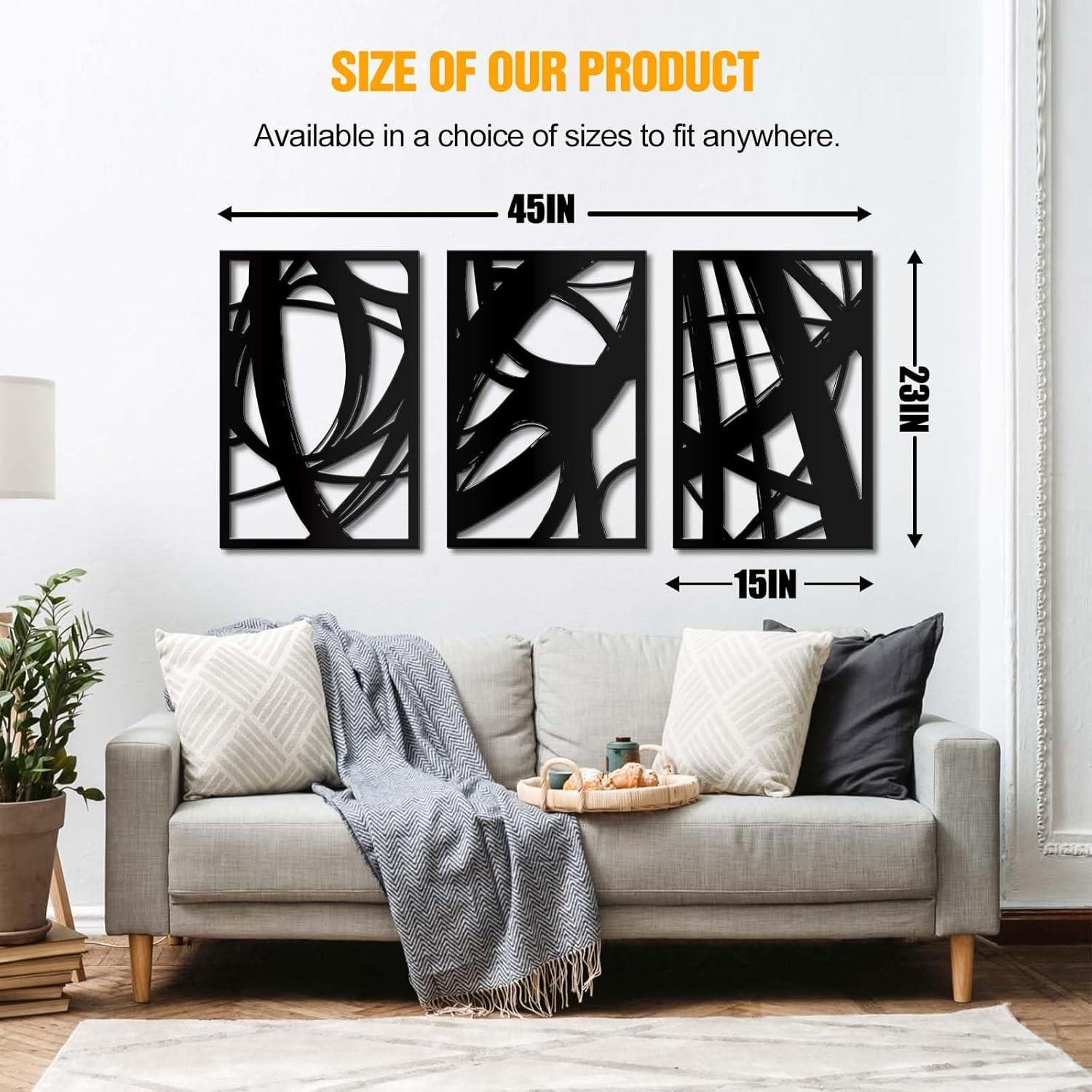 Large 4 Pack Black Abstract Metal Wall Art, Minimalist Décor Single Line Art Wall Décor, 3D Textured Metal Wall Sculptures, for Living Room Bedroom Bathroom Study Room (Black, L Size 22.5