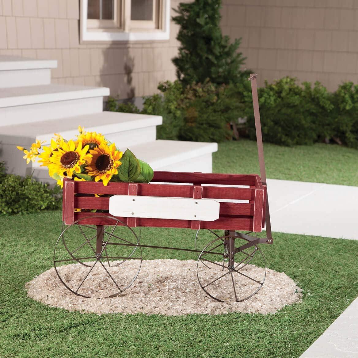 Red Wooden and Metal Vintage-Style Wagon Planter