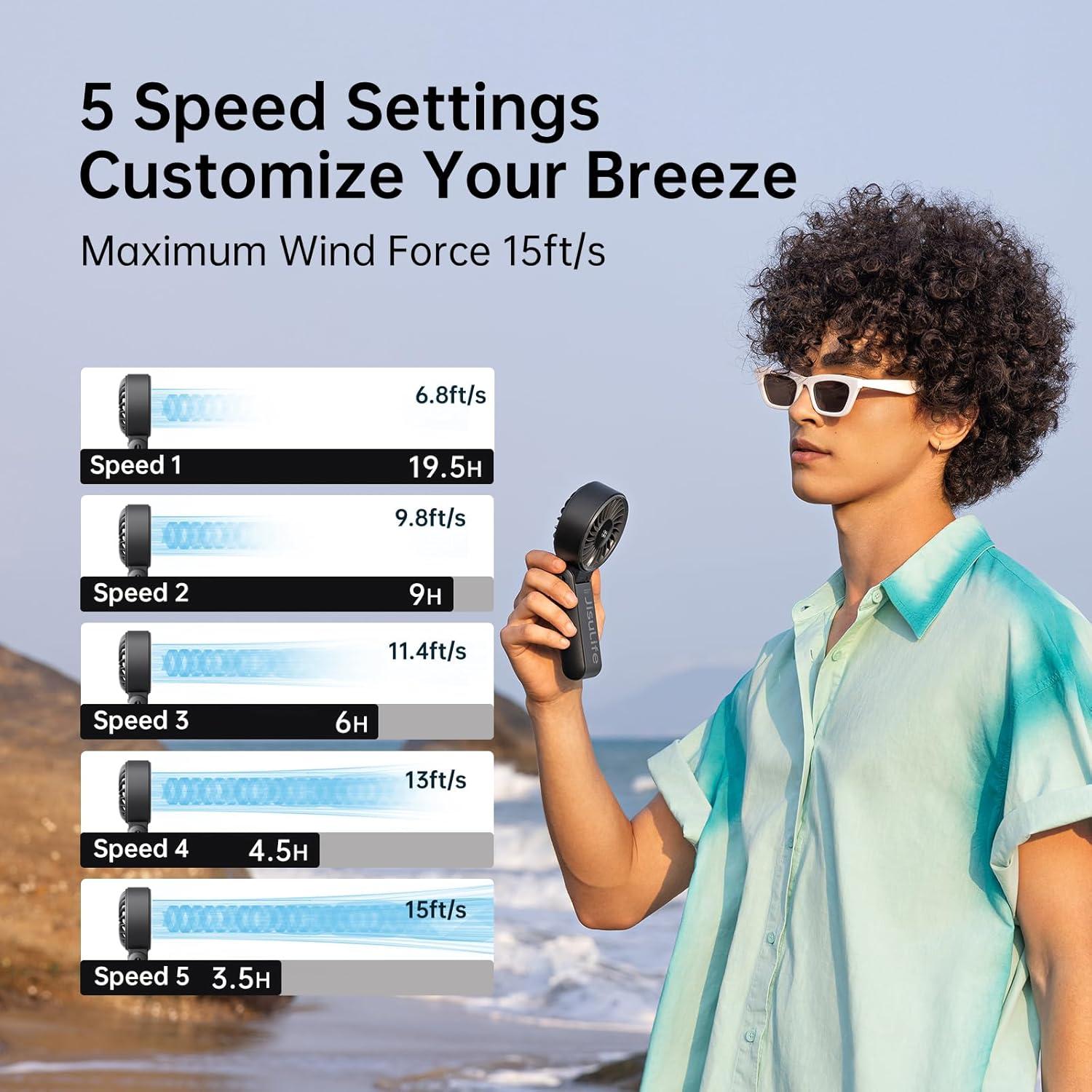JISULIFE Handheld Fan Life7 – Ultimate Flexibility: High-Power Motor, LED Display, 19.5 Hrs Cooling, 5000mAh Rechargeable, 5-Speed, Foldable Design, 3-IN-1 Portable Fan for Travel Cruise Beach(Black)