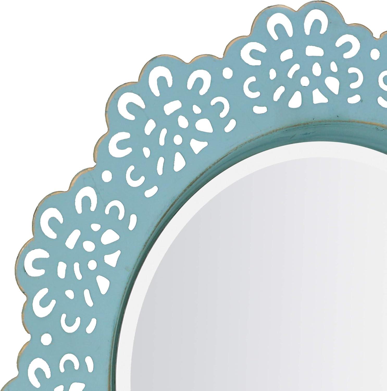 Blue Round Metal Lace Hanging Wall Mirror with Brass Highlights