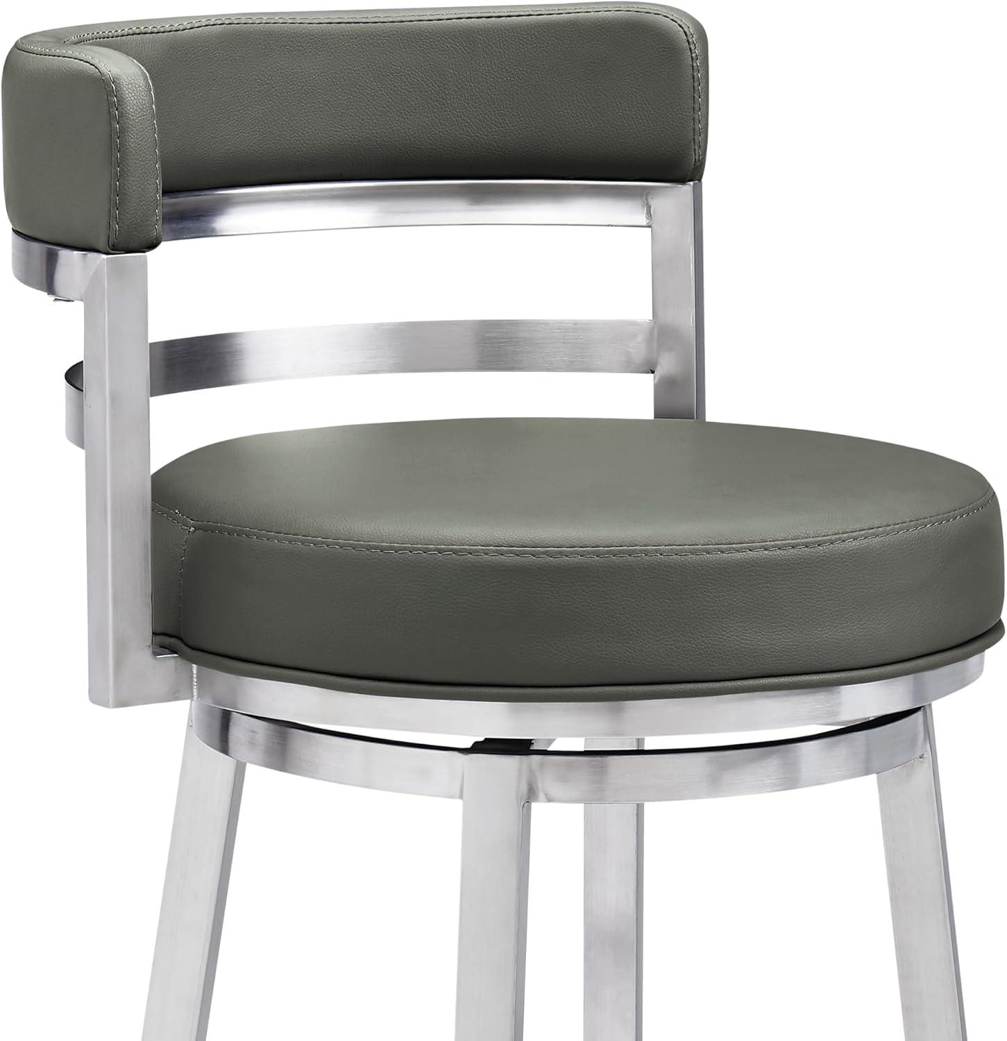 Titana 26" Counter Height Swivel Grey Faux Leather and Brushed Stainless Steel Bar Stool