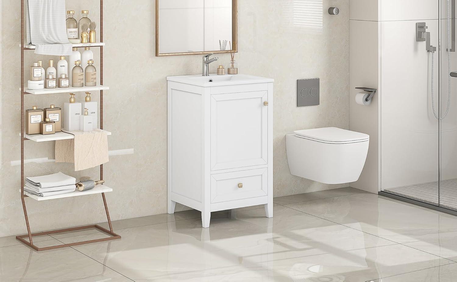 Harper & Bright Designs 20" Bathroom Vanity, Small Single Vanity with Drawer & Soft Closing Doors, Solid Wood Bathroom Cabinet with Storage Rack, Ceramic Sink, White