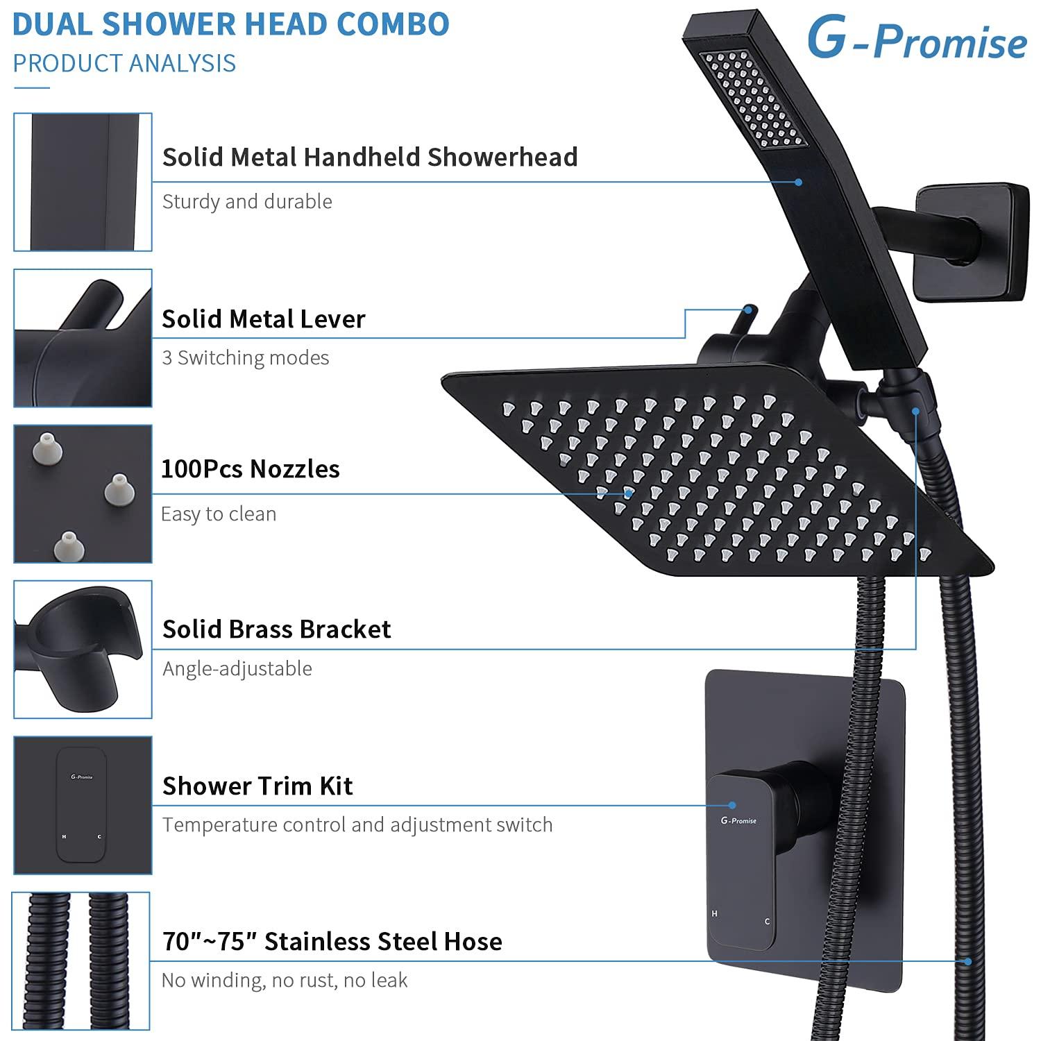 All Metal Shower Faucet Set, Dual Square Shower Head System with Handheld Wand, Diverter, Hose Complete Combo, Pressure Balance Rough-in Valve Included