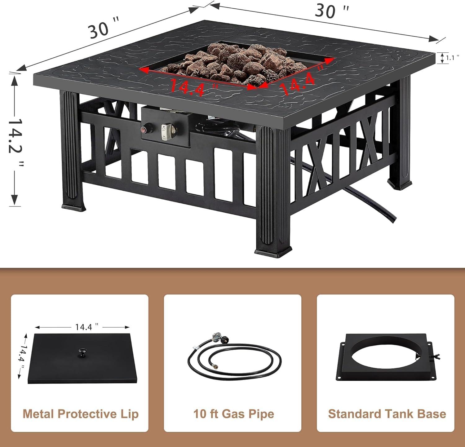 VECELO 30" Square Propane Fire Pit Table, 50,000 BTU Gas Fire Square Fireplace with Lid and Lava Rock for Outdoor, Patio, Backyard, Party, Black