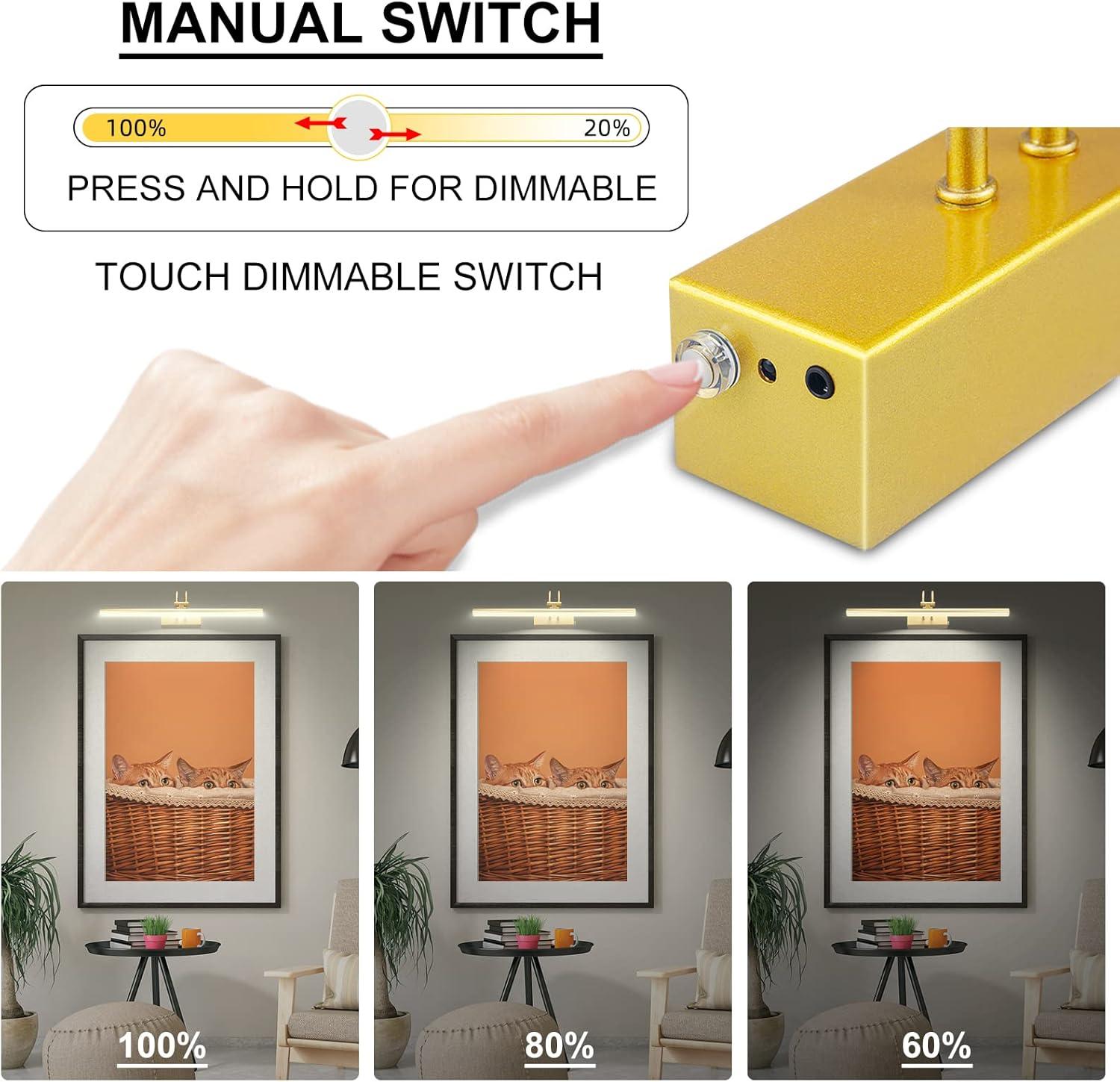 Picture Light,  Battery Operated Picture Lights For Paintings,Metal Remote Control Display Art Light With Timer And Dimmable For Wall Painting,Frame, Portrait, Dartboard-Brass