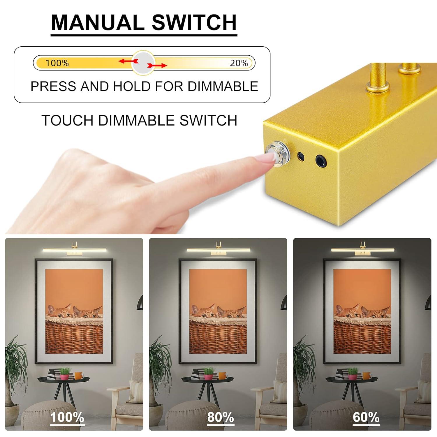 Picture Light,  Battery Operated Picture Lights For Paintings,Metal Remote Control Display Art Light With Timer And Dimmable For Wall Painting,Frame, Portrait, Dartboard-Brass