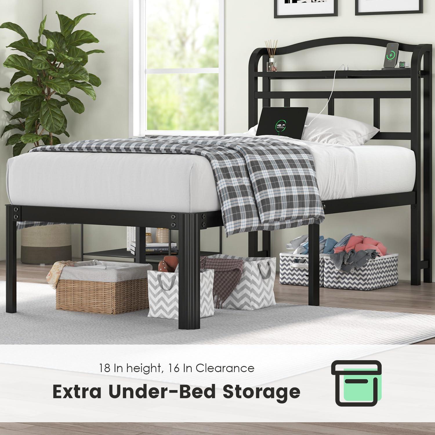 Twin Black Metal Bed Frame with Charging Station and Storage