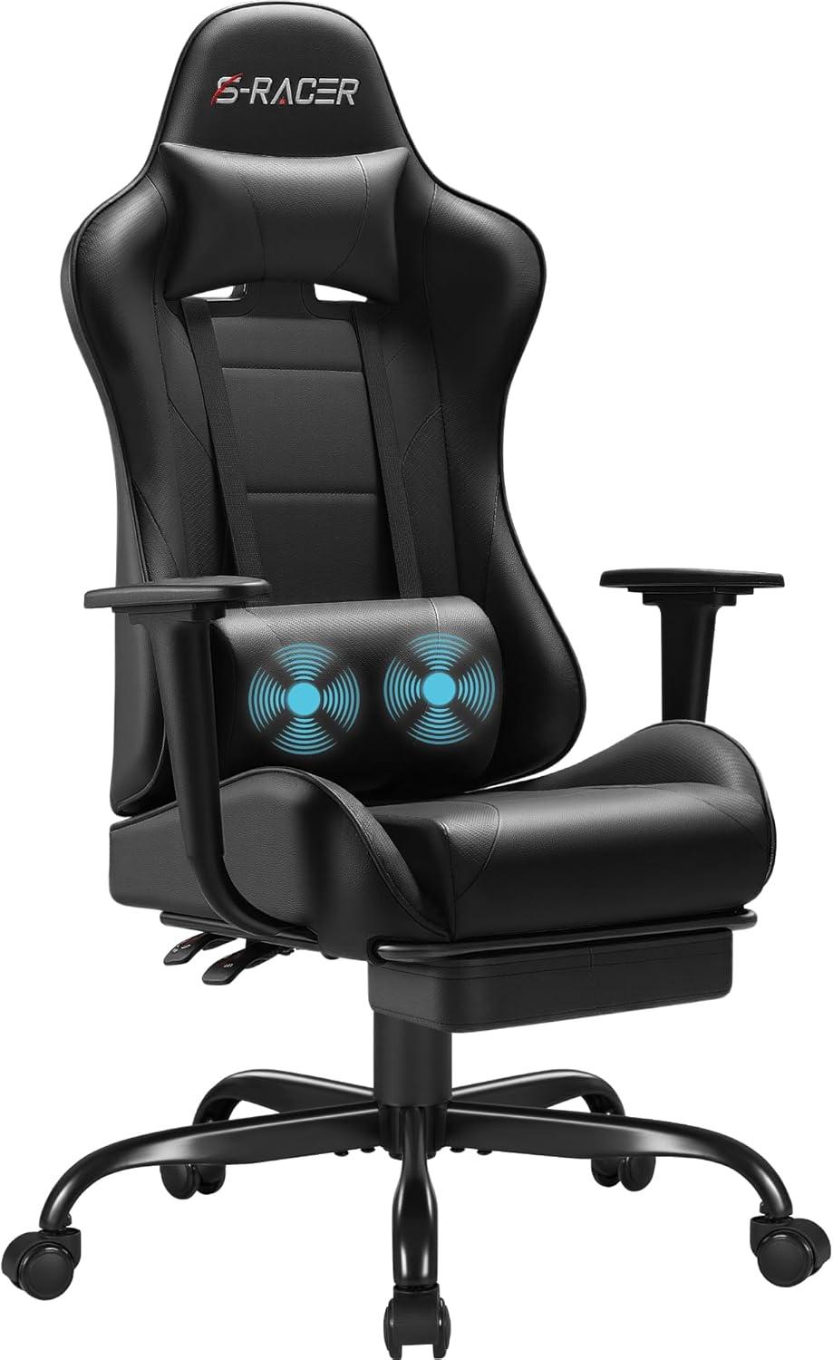 Killeryuki Gaming Chair Massage Computer Office Chair Ergonomic Desk Chair with Footrest Racing Executive Swivel Chair Adjustable Rolling Task Chair (Black)