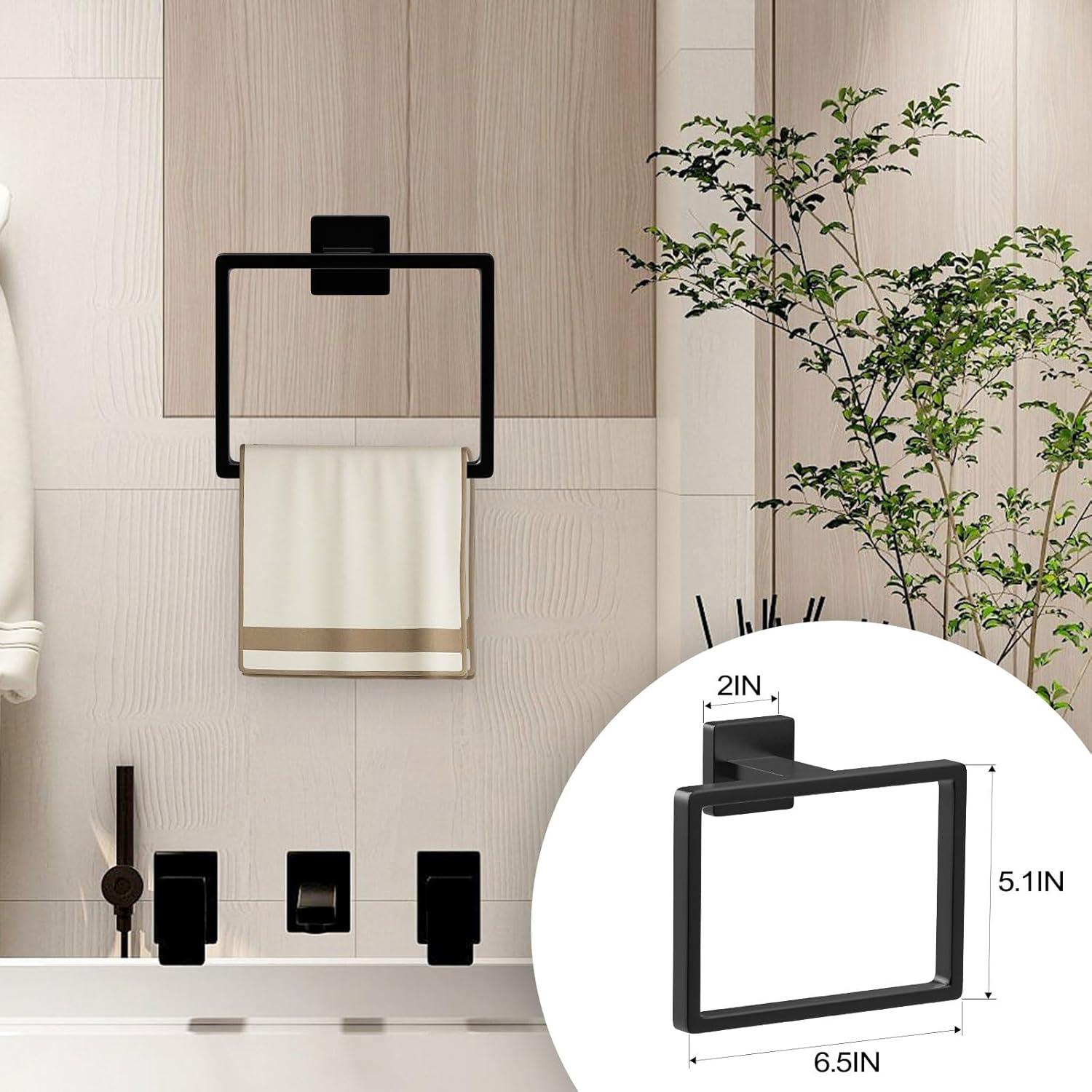 5 Pieces Square Matte Black Stainless Steel Bathroom Accessories Set Include 23.6 in Towel Bar, Toilet Paper Holder, Towel Ring, 2 Robe Towel Hooks