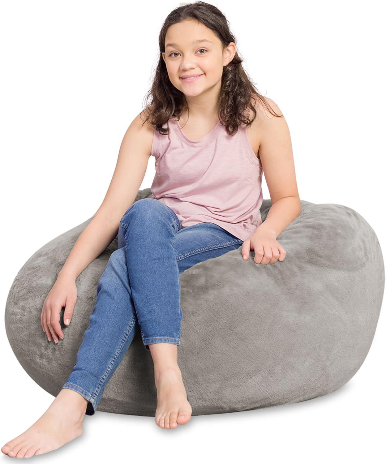 Large Gray Faux Rabbit Fur Bean Bag Chair with Removable Cover