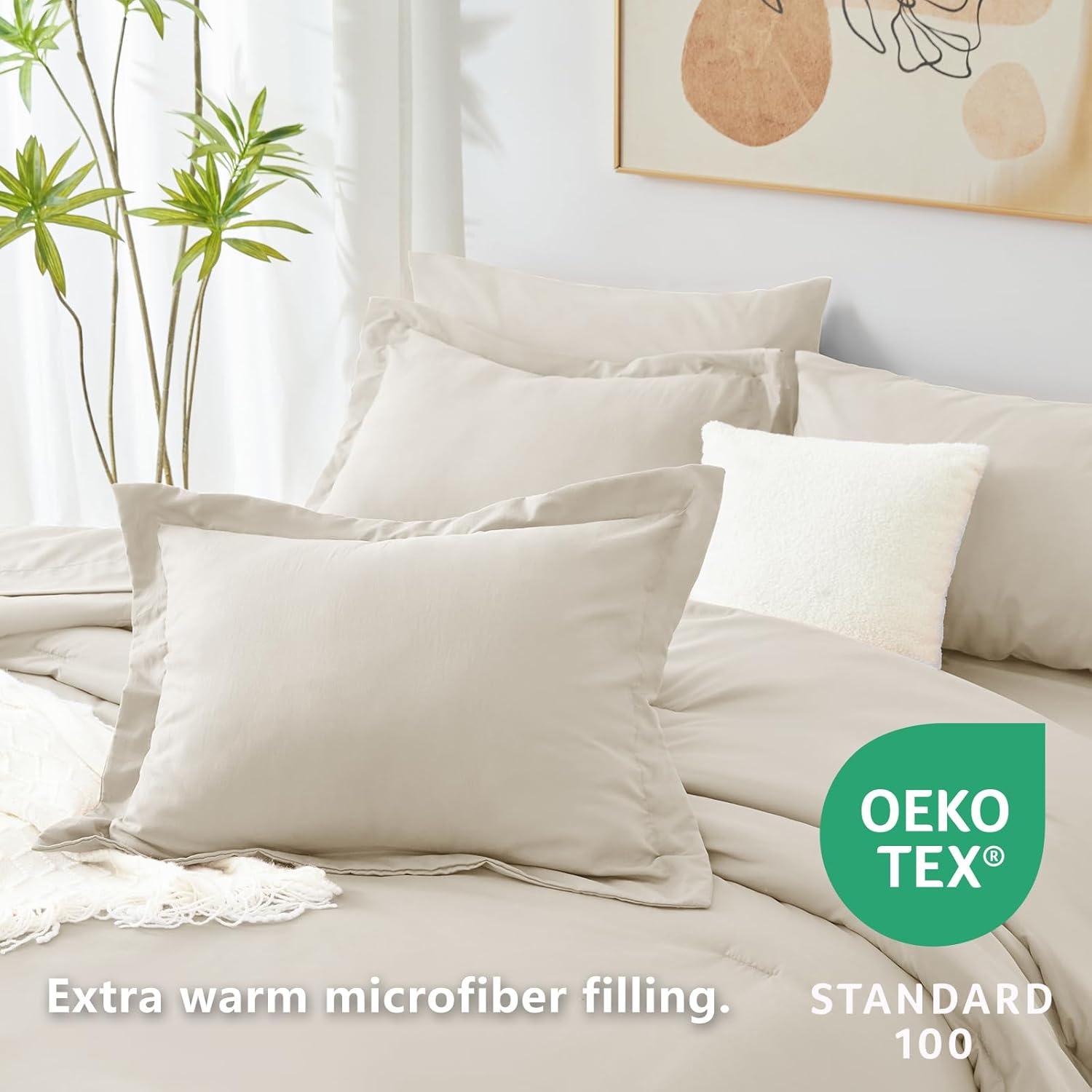 CozyLux Queen Comforter Set Beige, 7 Pieces Bed in a Bag Soft Bedding Comforter Set with Sheets, All Season Boho 7PC Bed Sets with Comforter, Fitted Sheets, Flat Sheets, Pillow Shams and Pillowcases