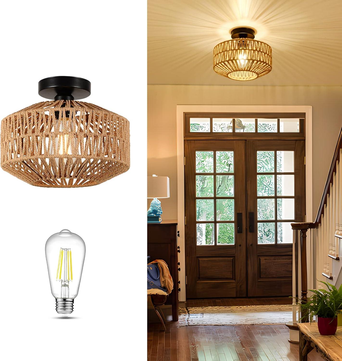 Boho Light Fixtures Ceiling Mount,Mini Rattan Chandelier Light Fixture with Dimmable LED Bulb,Hand Woven Ceiling Light Fixtures Flush Mount for Hallway Bedroom Kitchen Entryway Living Room
