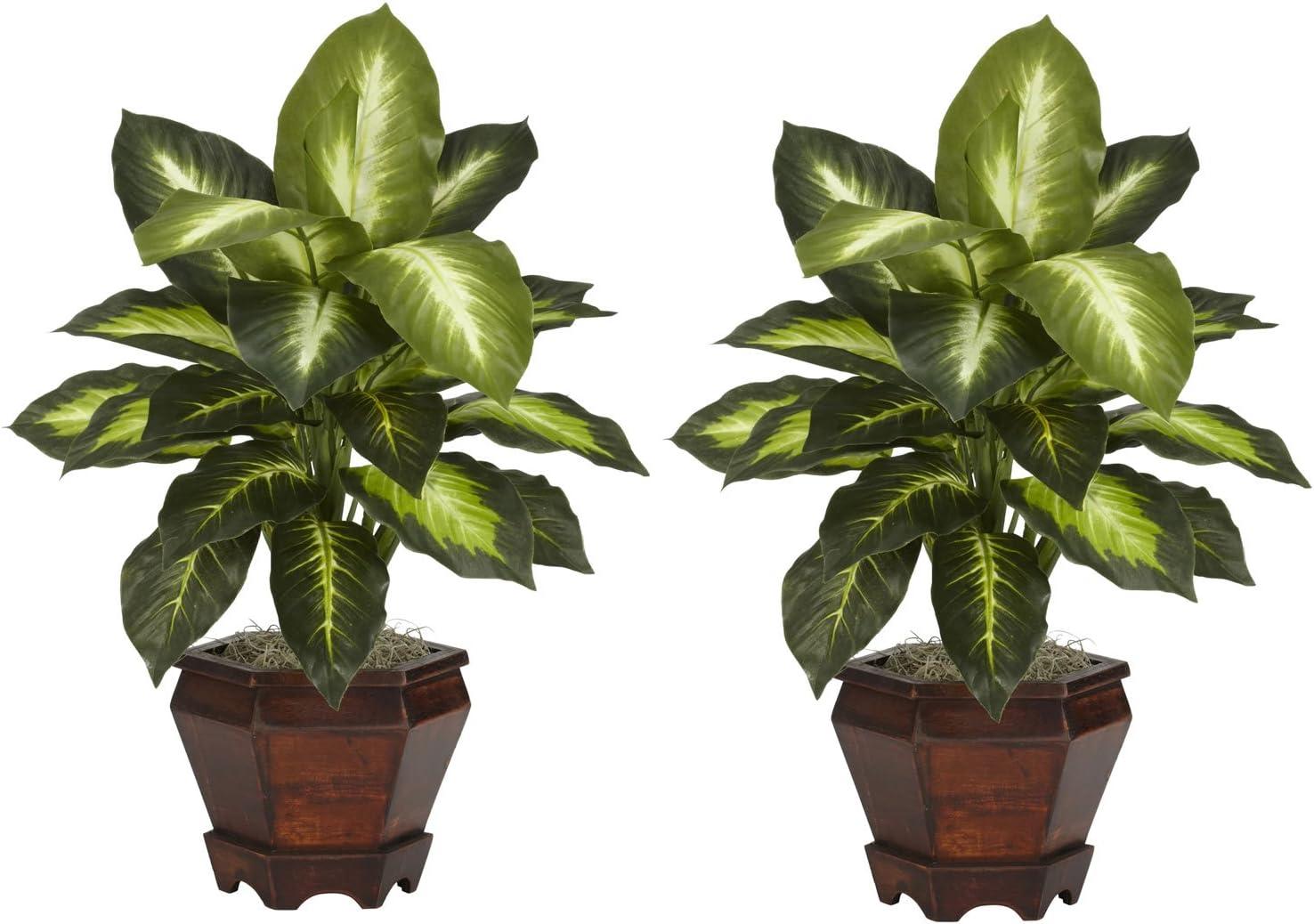 Lush Two-Tone Dieffenbachia Silk Plant Duo with Wooden Vase