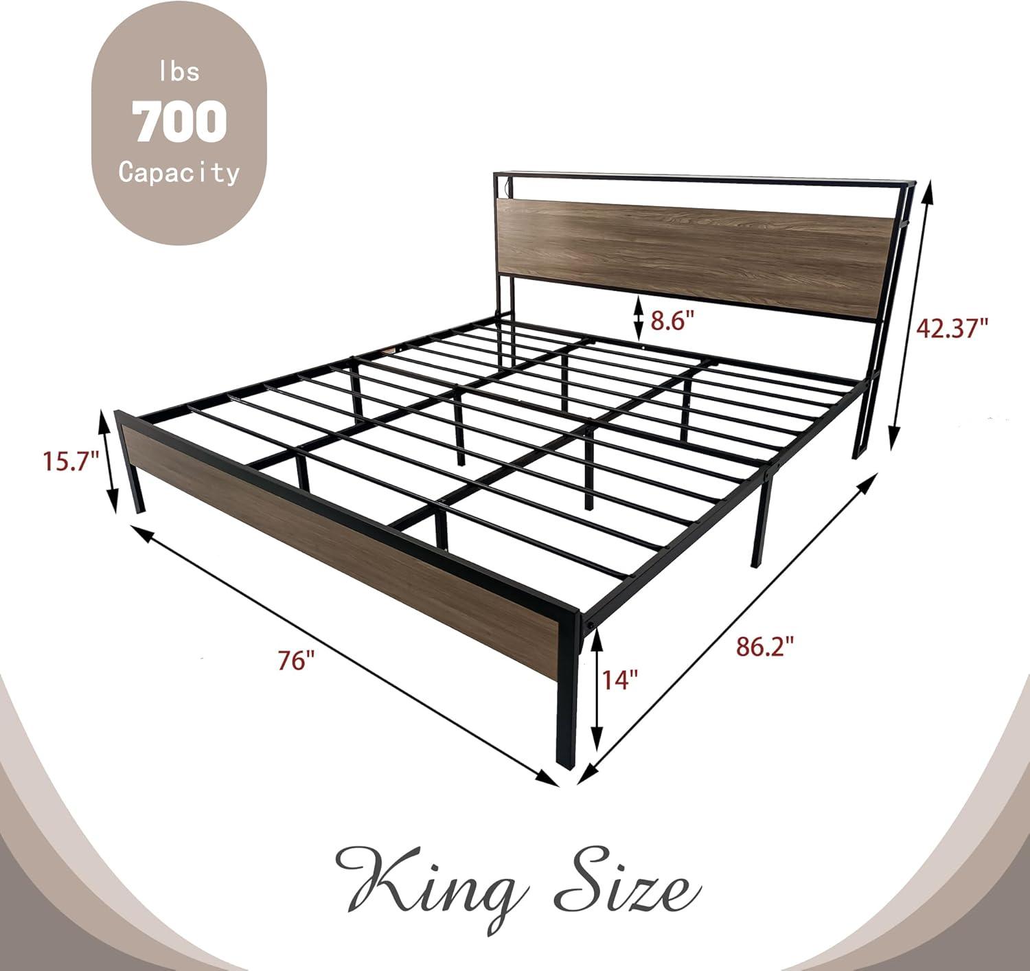 NNV King Size Metal Platform Bed Frame with USB Ports & AC Outlets, LED Lights Storage Headboard, Mahogany