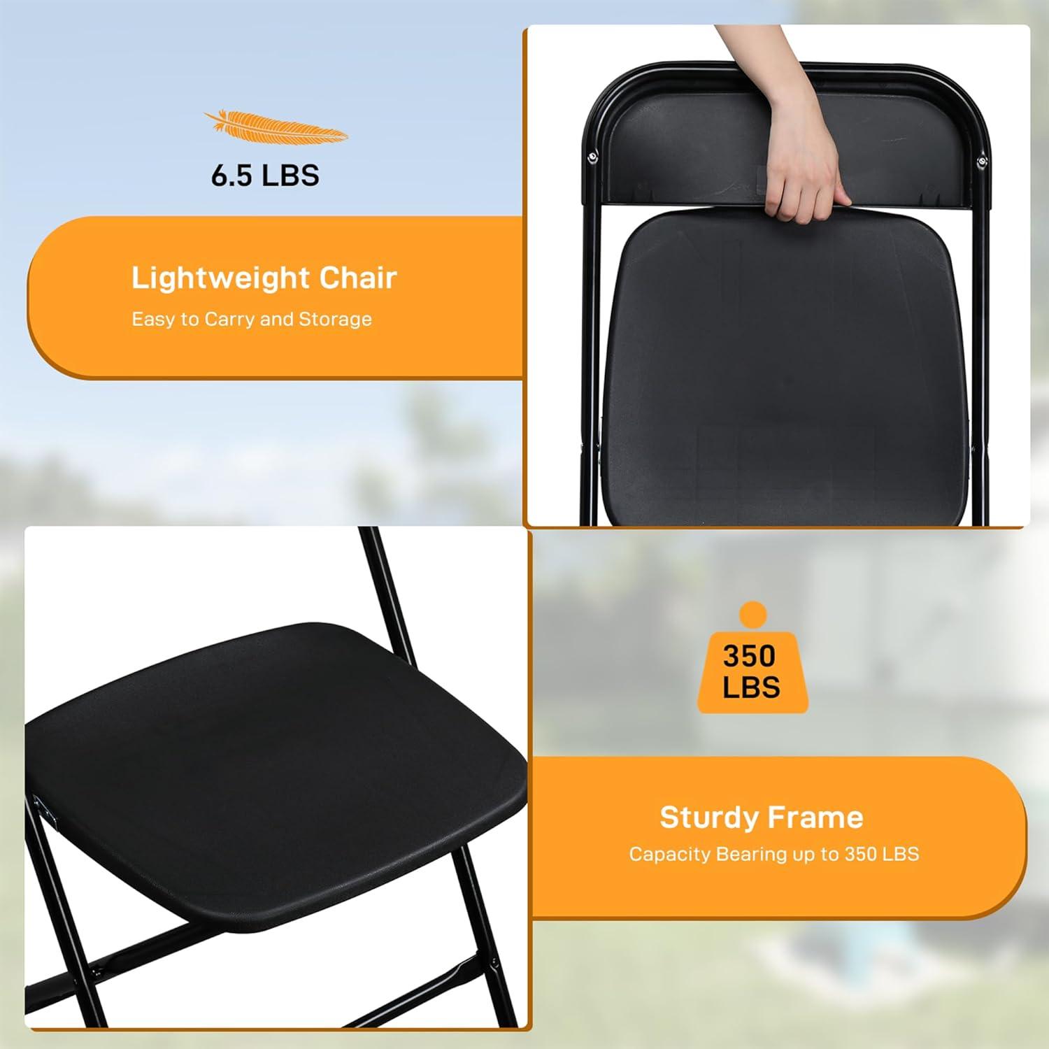 QuellQuest 4 Pack Black Folding Chairs, Portable Party Chairs, Plastic Folding Chair,Stackable Commercial Seats with Steel Frame for Office Wedding Party Patio Dinning Events, 350lbs Capacity