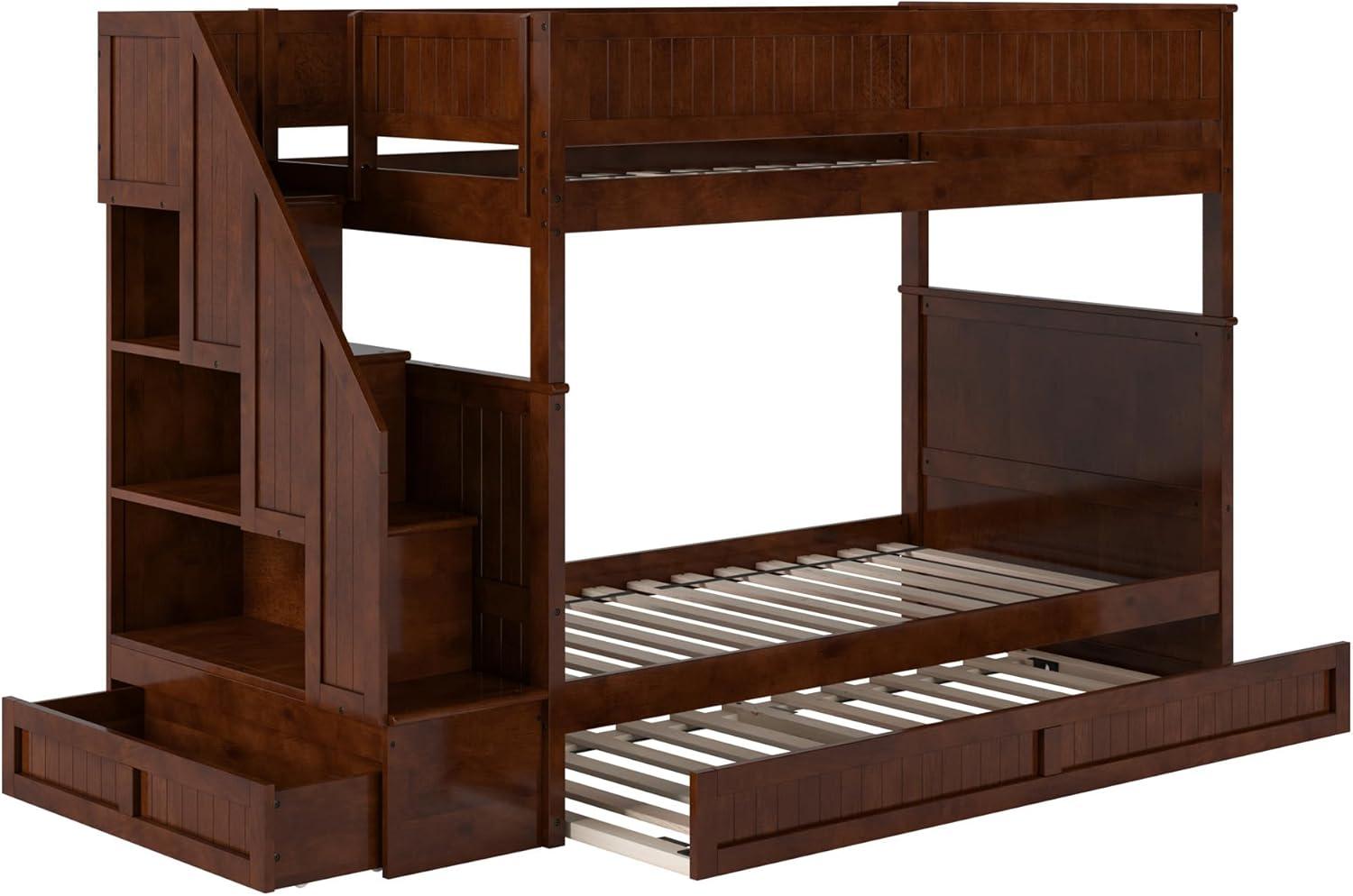 Walnut Twin Over Twin Bunk Bed with Storage Drawer and Trundle