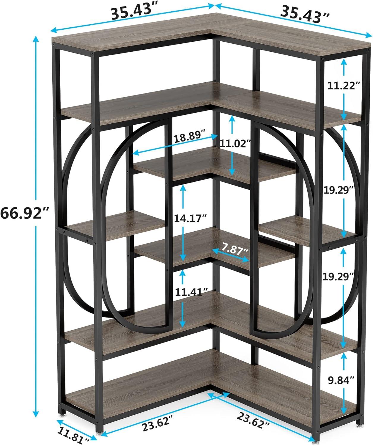 Tall Grey and Black L-Shaped 7-Shelf Corner Bookcase