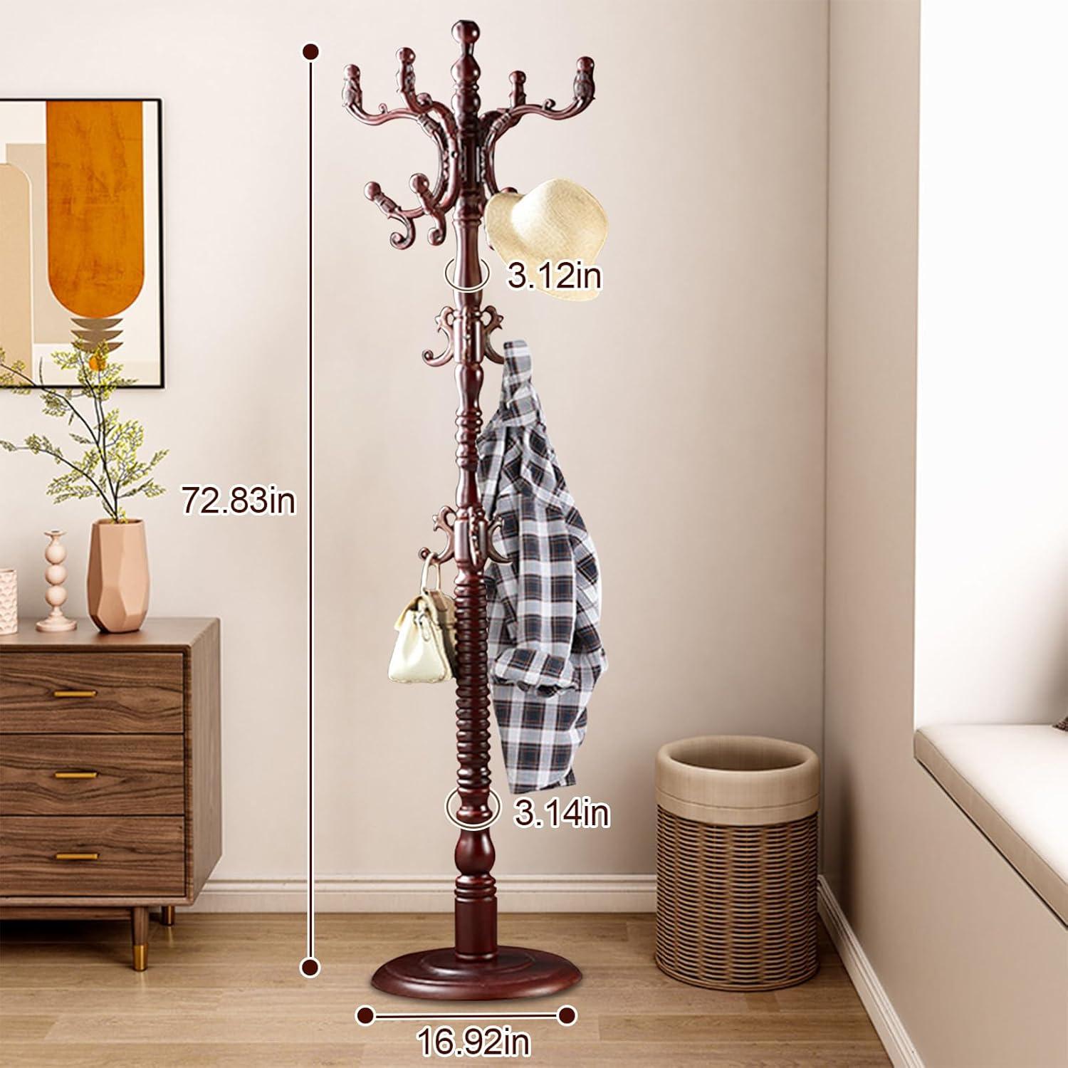 Red Barrel Studio® Wood Coat Rack Stand, Wooden Coat Rack Freestanding With Sturdy Round Base, Coat Racks With 14 Hooks, Natural Birch Wood Entryway Coat Tree Hanger Stand Easy To Assemble