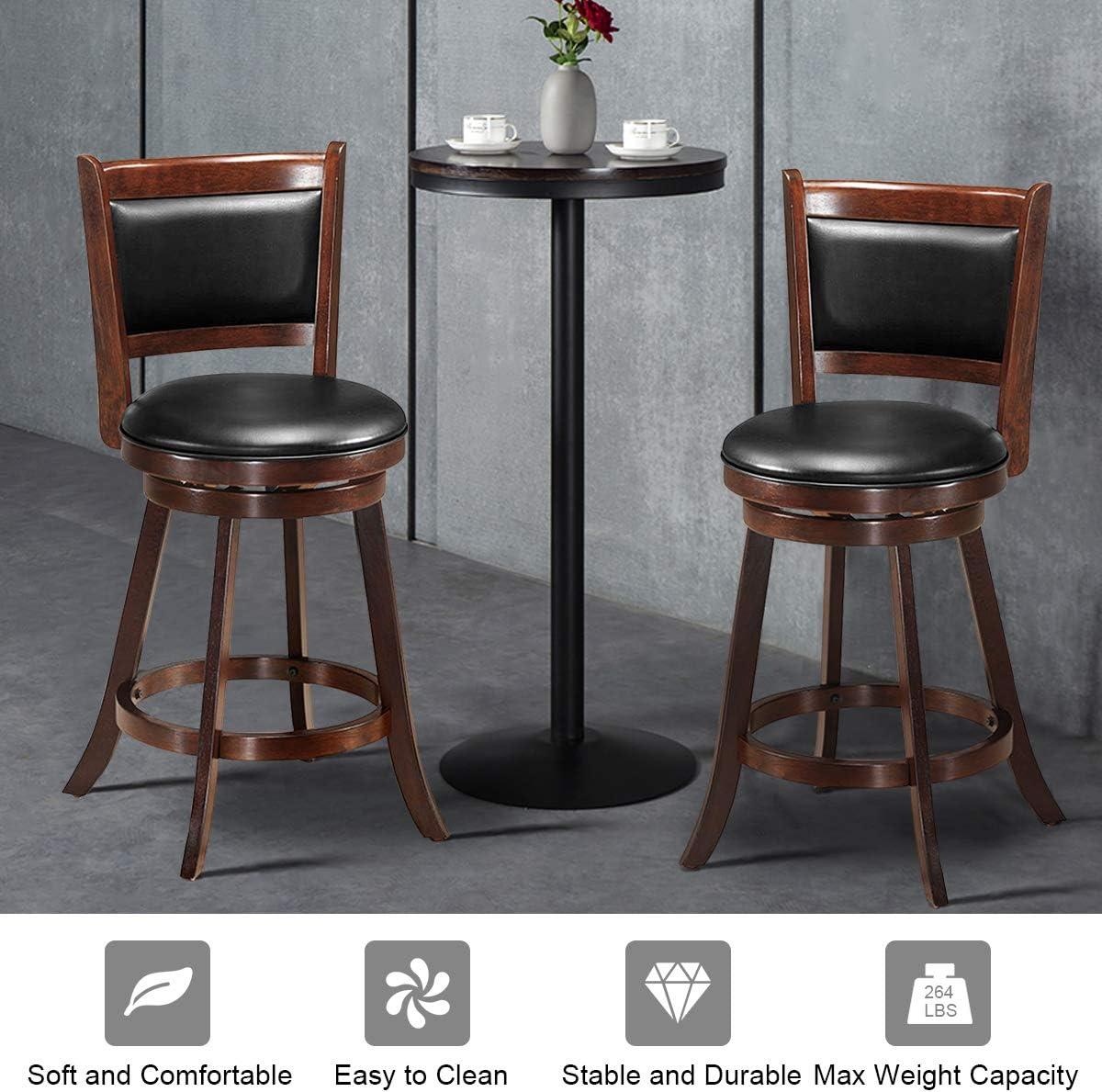 Bar Stools Set of 2, 360 Degree Swivel, Accent Wooden Swivel Seat Counter Height Bar Stool, Leather Upholstered Design, PVC Cushioned Seat, Perfect for Dining and Living Room (Height 24")