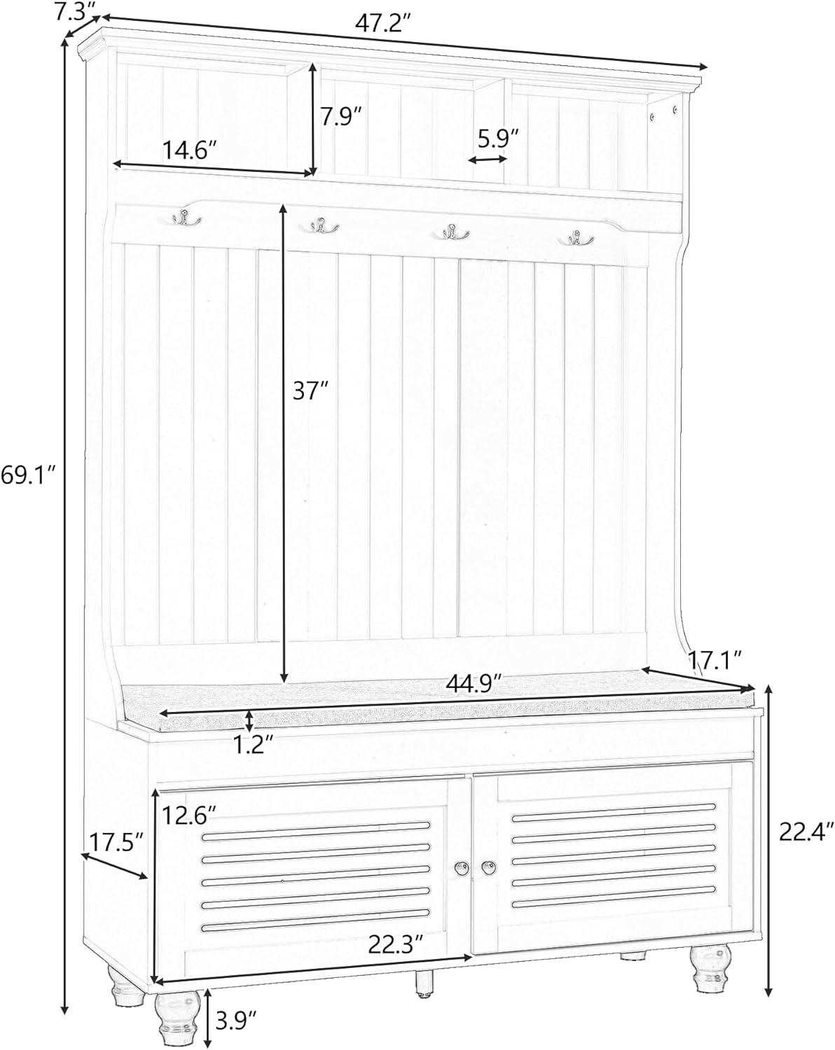 White MDF Hall Tree with Storage Bench and Hooks