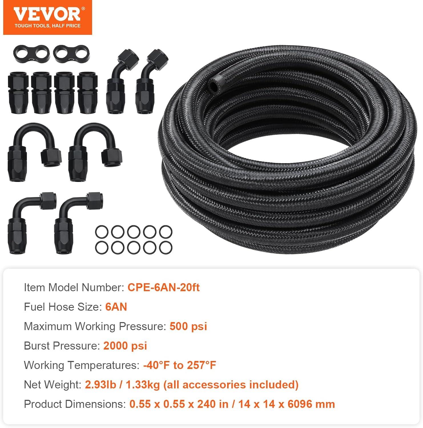 VEVOR 6AN Fuel Line Kit, 20 FT Fuel Hose Kit, 0.34" Nylon Stainless Steel Braided Fuel Line Oil/Gas/Diesel Hose End Fitting Kit, with 12 PCS Swivel Fitting Adapter Kit, Black