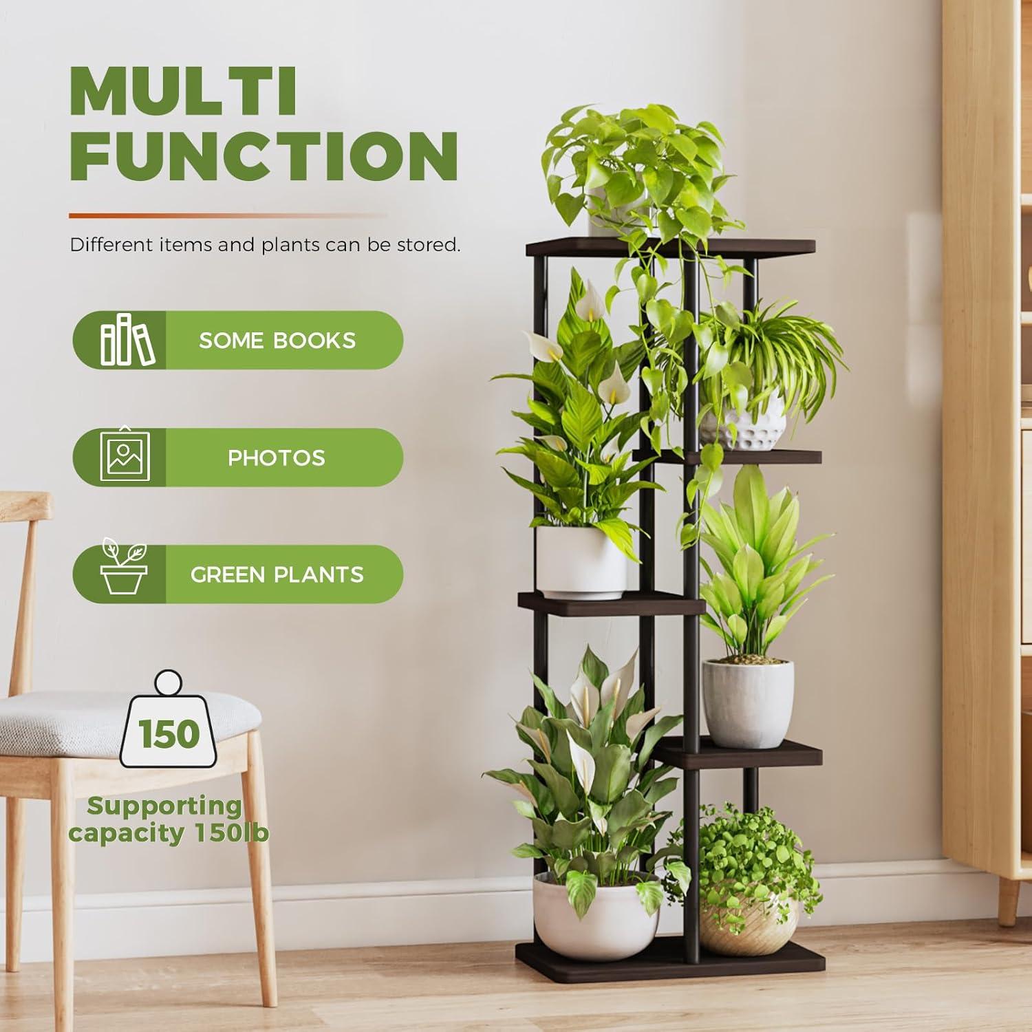 Tall Black Metal and MDF 5-Tier Plant Stand