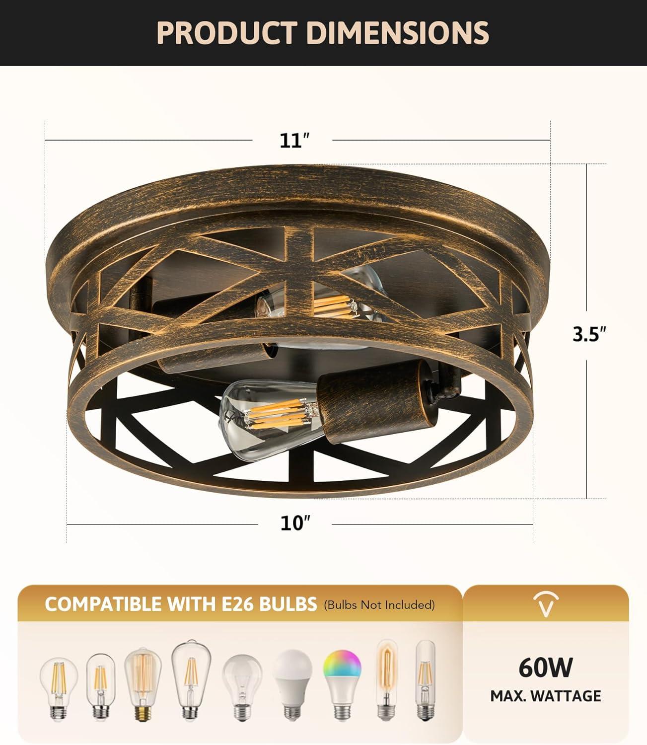 VONLUCE Flush Mount Ceiling Lights, 2-Light Hallway Ceiling Lighting Fixtures, 11 inch Farmhouse Metal Cage Ceiling Lights for Entryway Kitchen, Adjustable Lamp Holders, ETL, 2 pcs, Oil-Rubbed Bronze